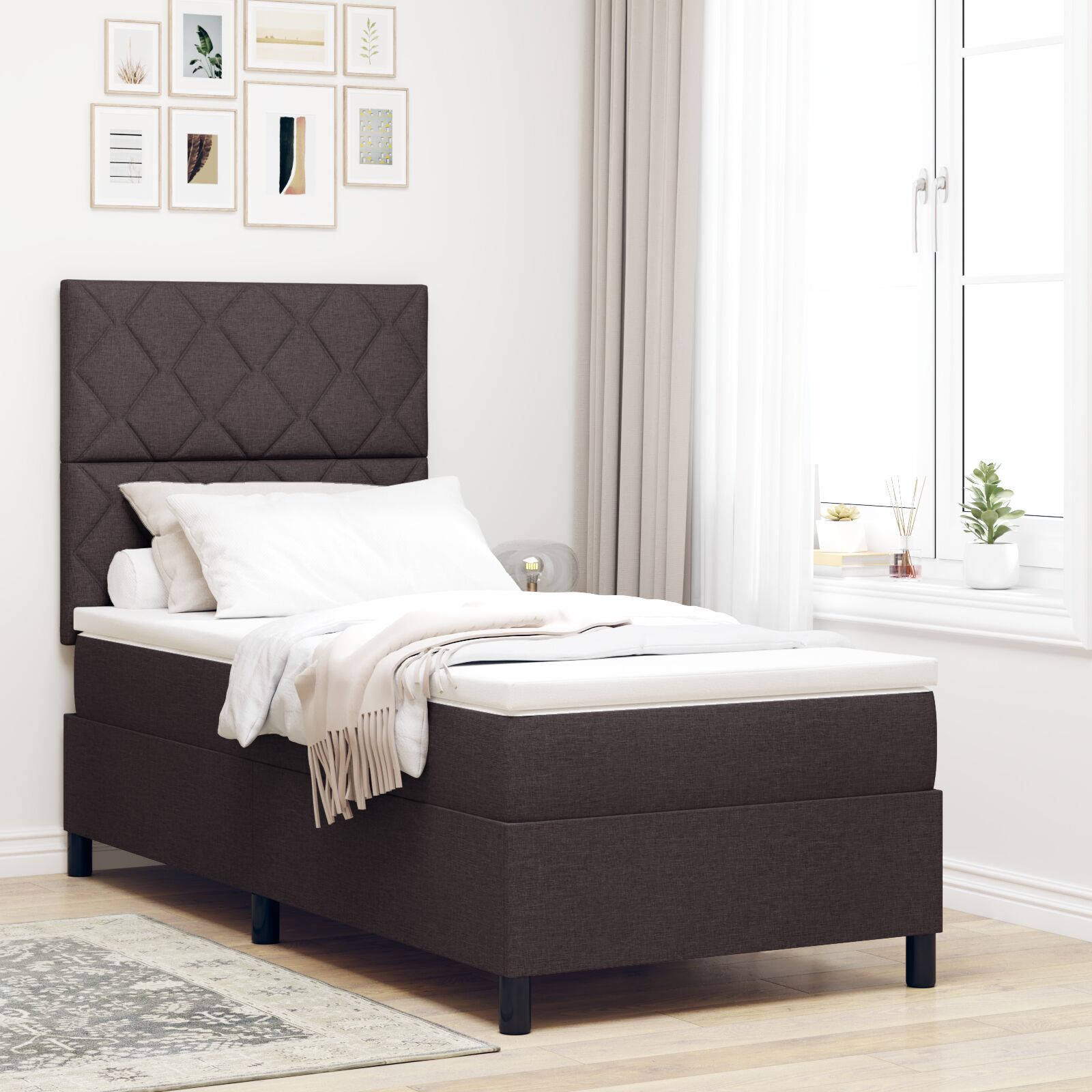 vidaXL Pat cu arcuri cu saltea Maro închis 90 x 200 cm țesătură vidaXL Pat cu arcuri cu saltea Maro închis 90 x 200 cm țesătură