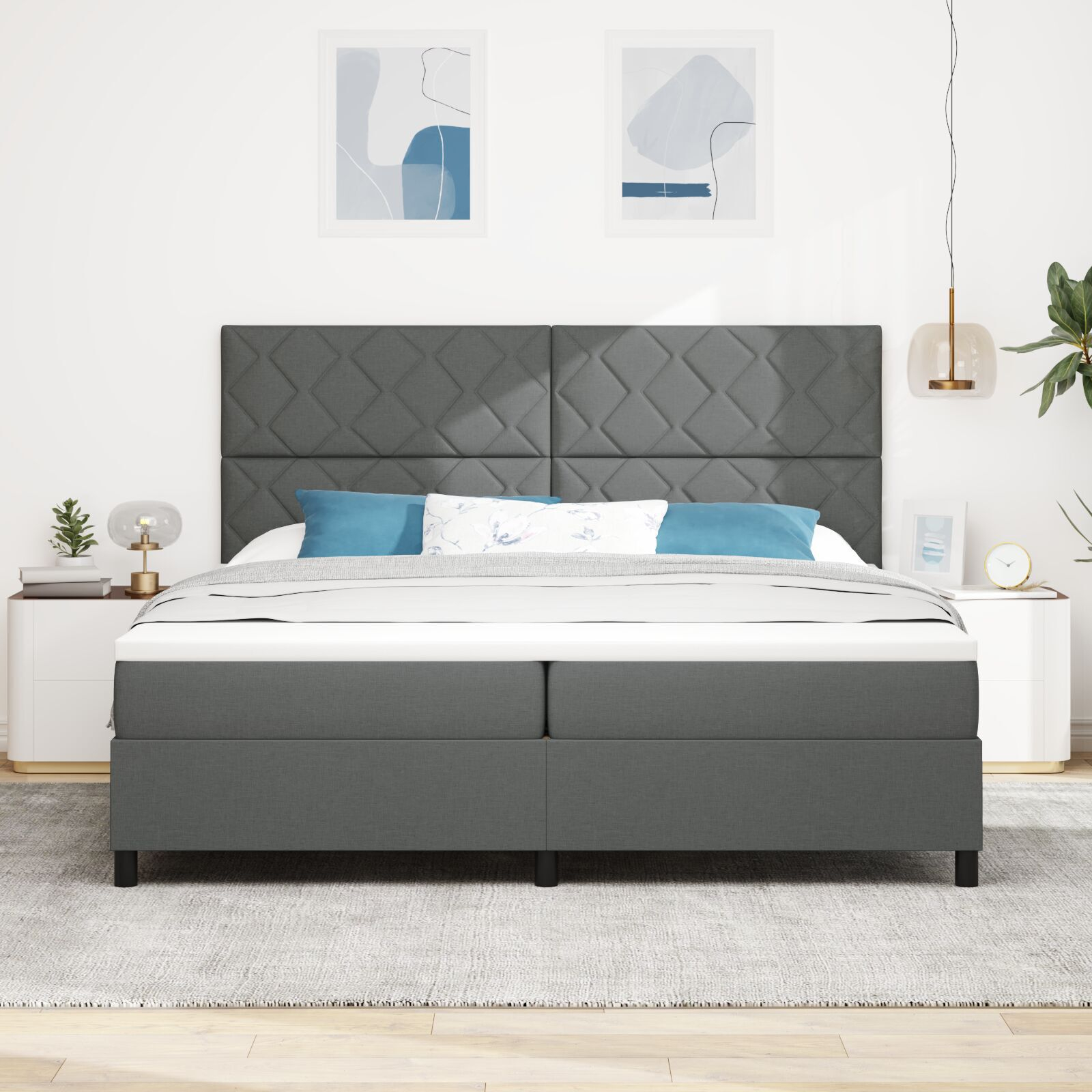 vidaXL Pat cu arcuri cu saltea Gri închis 200 x 200 cm țesătură vidaXL Pat cu arcuri cu saltea Gri închis 200 x 200 cm țesătură