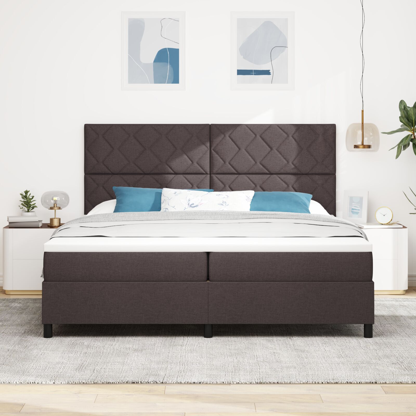 vidaXL Pat cu arcuri cu saltea Maro închis 200 x 200 cm țesătură vidaXL Pat cu arcuri cu saltea Maro închis 200 x 200 cm țesătură