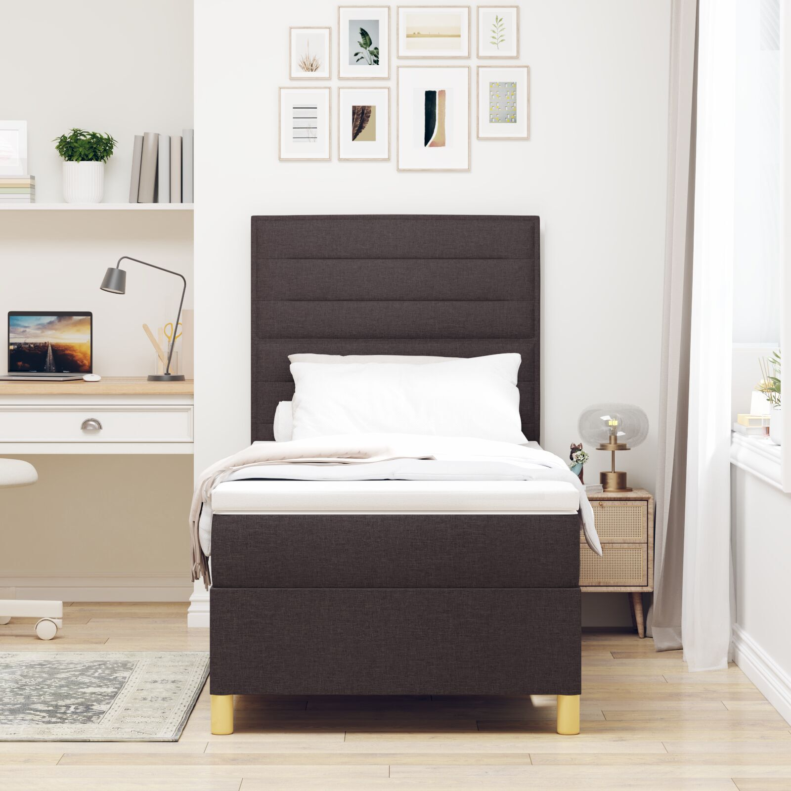 vidaXL Pat cu arcuri cu saltea Maro închis 90 x 200 cm țesătură vidaXL Pat cu arcuri cu saltea Maro închis 90 x 200 cm țesătură