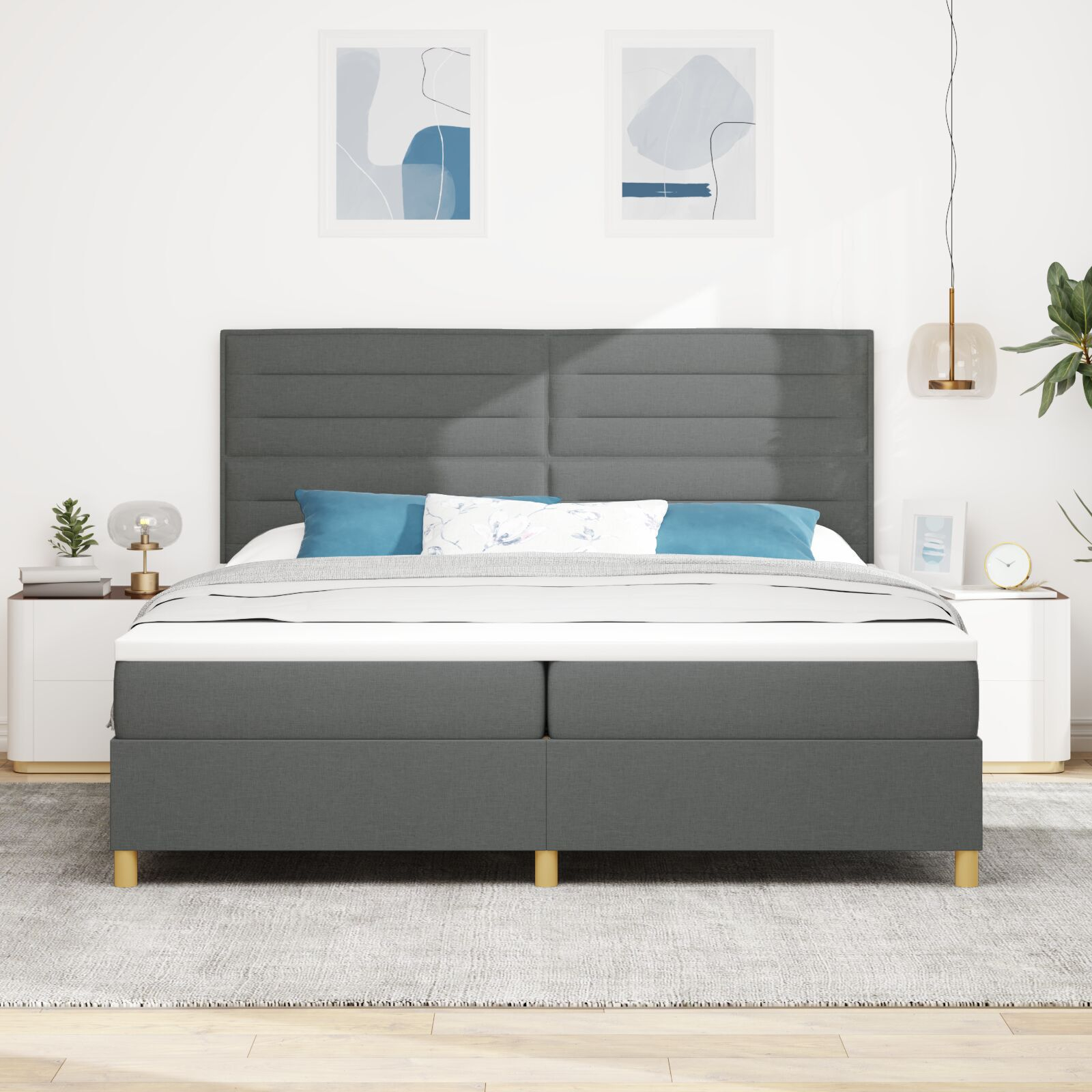 vidaXL Pat cu arcuri cu saltea Gri închis 200 x 200 cm țesătură vidaXL Pat cu arcuri cu saltea Gri închis 200 x 200 cm țesătură