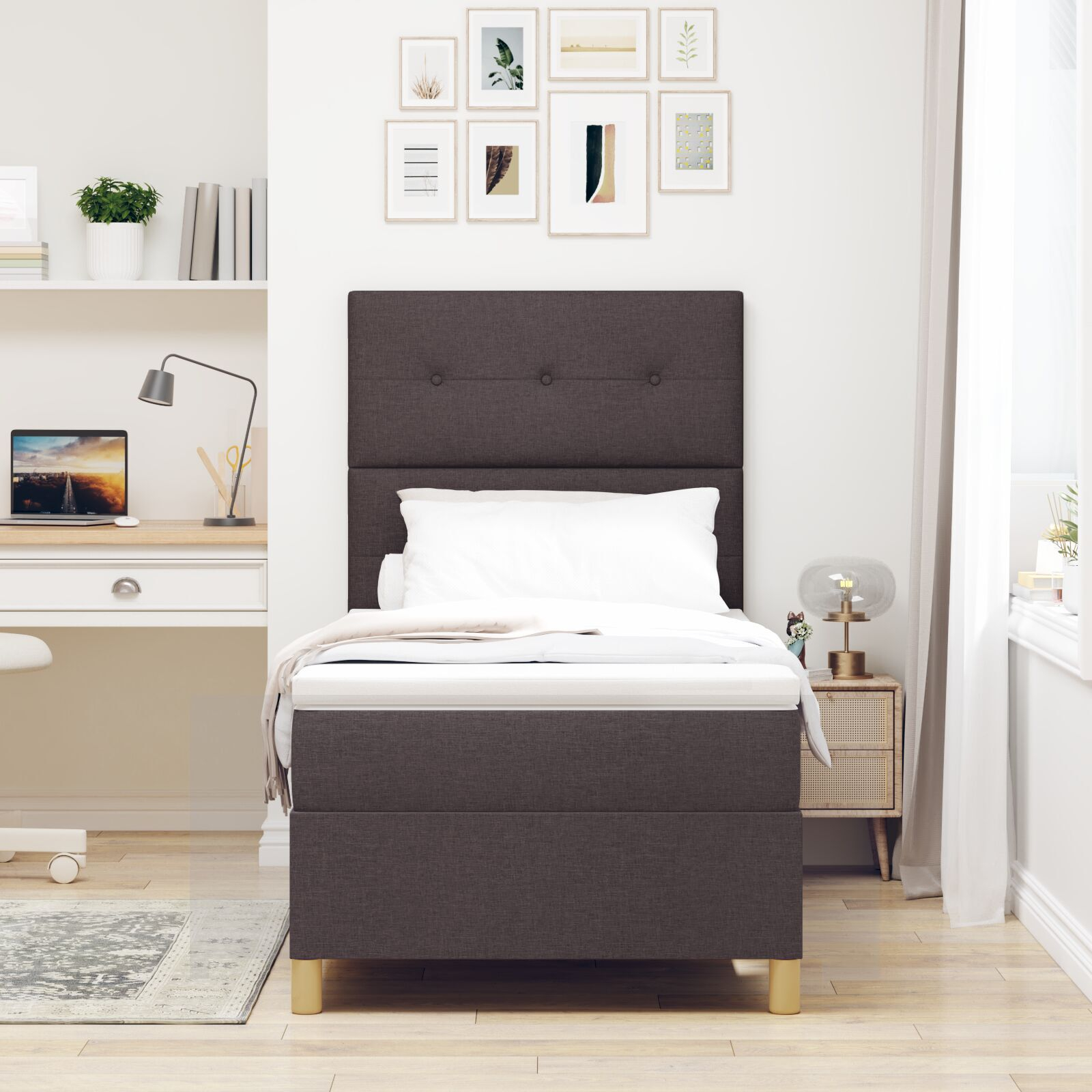 vidaXL Pat cu arcuri cu saltea Maro închis 90 x 200 cm țesătură vidaXL Pat cu arcuri cu saltea Maro închis 90 x 200 cm țesătură