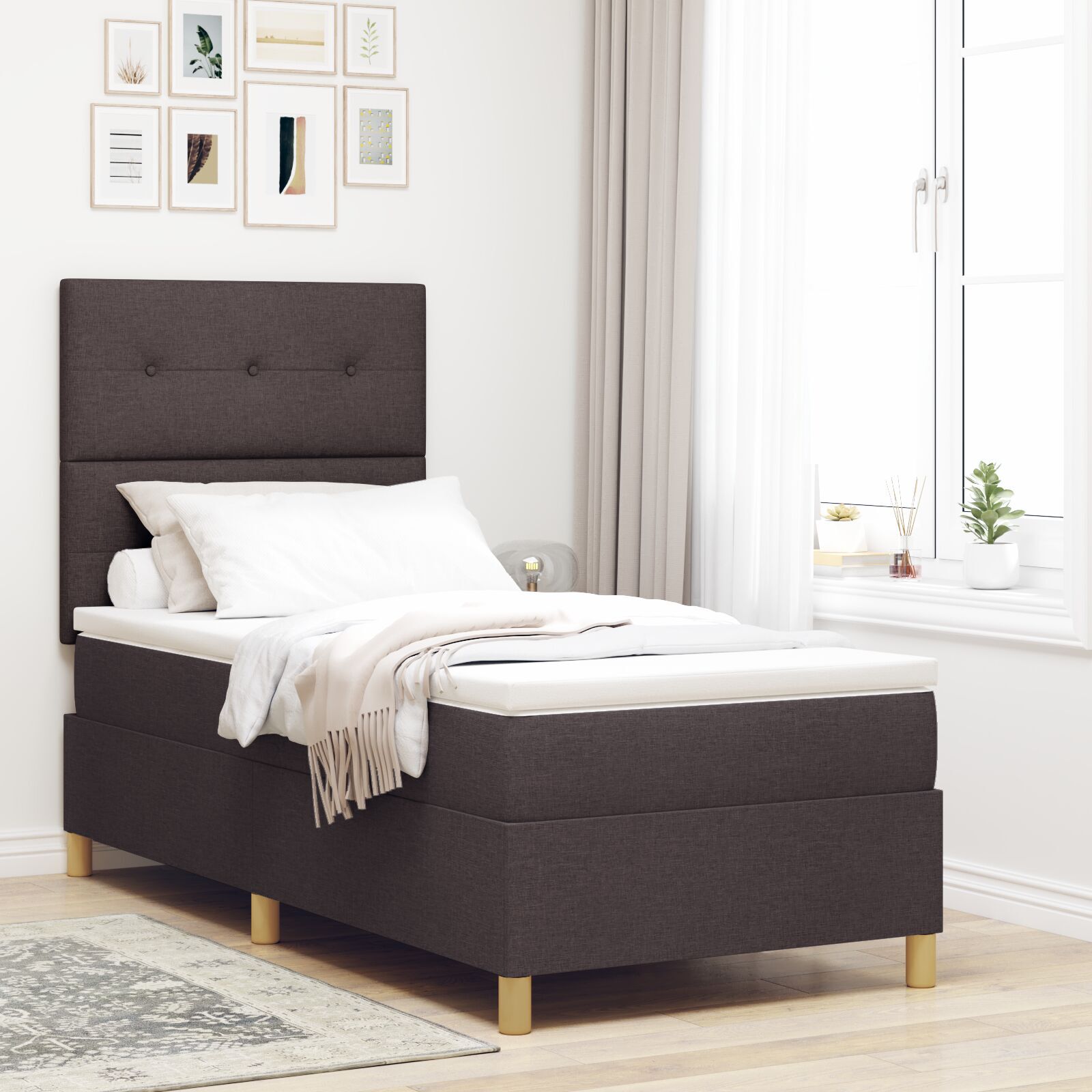 vidaXL Pat cu arcuri cu saltea Maro închis 90 x 200 cm țesătură vidaXL Pat cu arcuri cu saltea Maro închis 90 x 200 cm țesătură