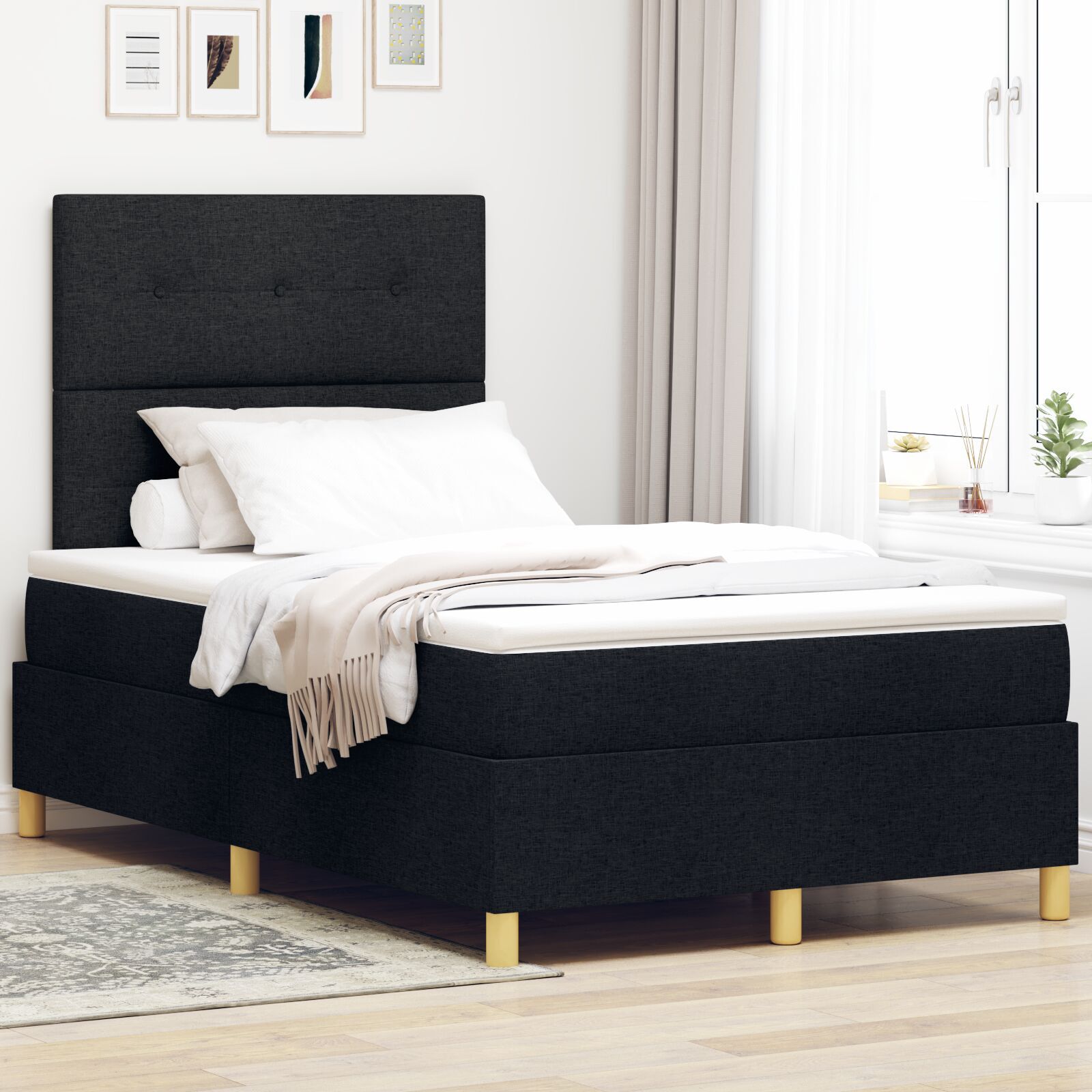 vidaXL Pat cu arcuri cu saltea Negru 120 x 190 cm țesătură vidaXL Pat cu arcuri cu saltea Negru 120 x 190 cm țesătură