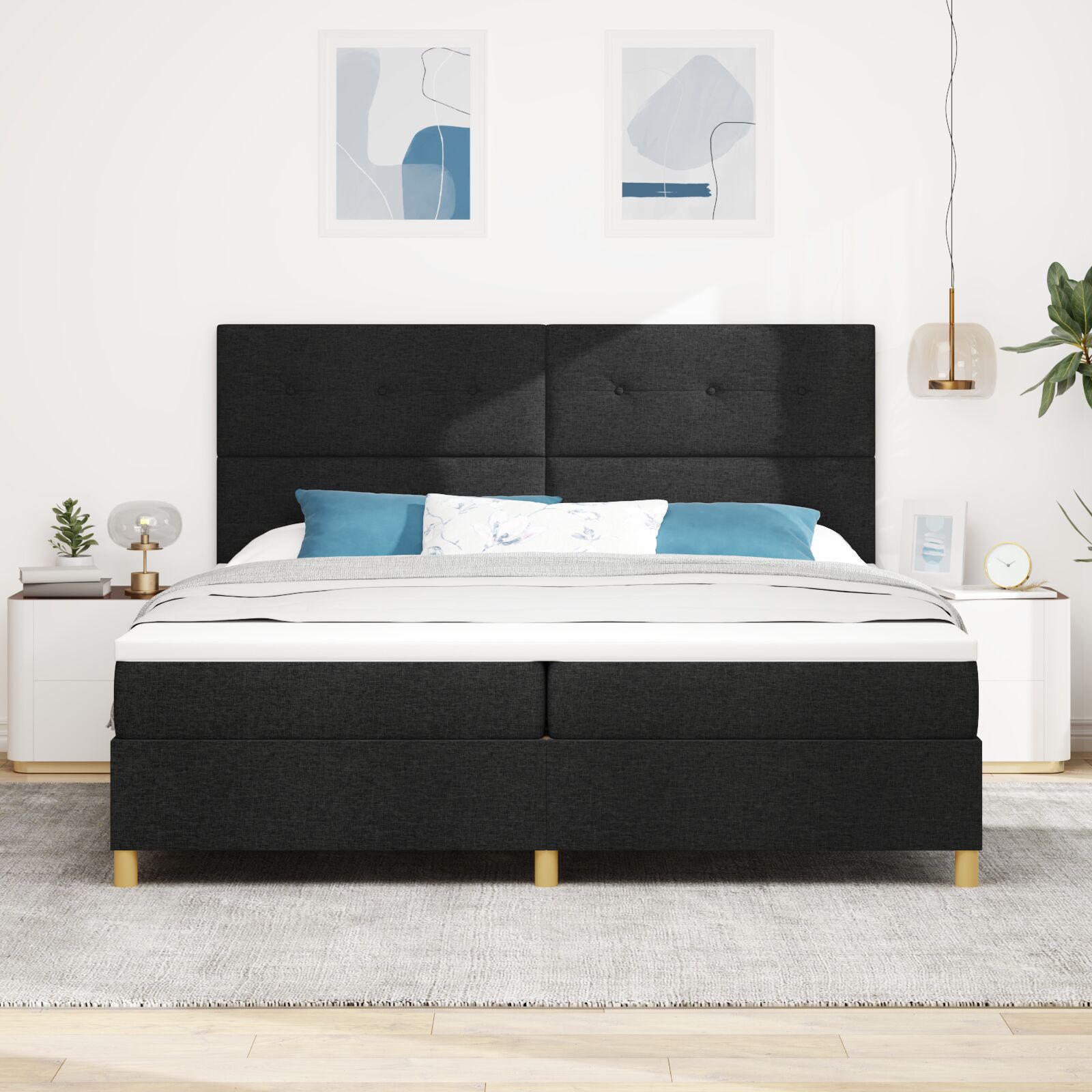 vidaXL Pat cu arcuri cu saltea Negru 200 x 200 cm țesătură vidaXL Pat cu arcuri cu saltea Negru 200 x 200 cm țesătură