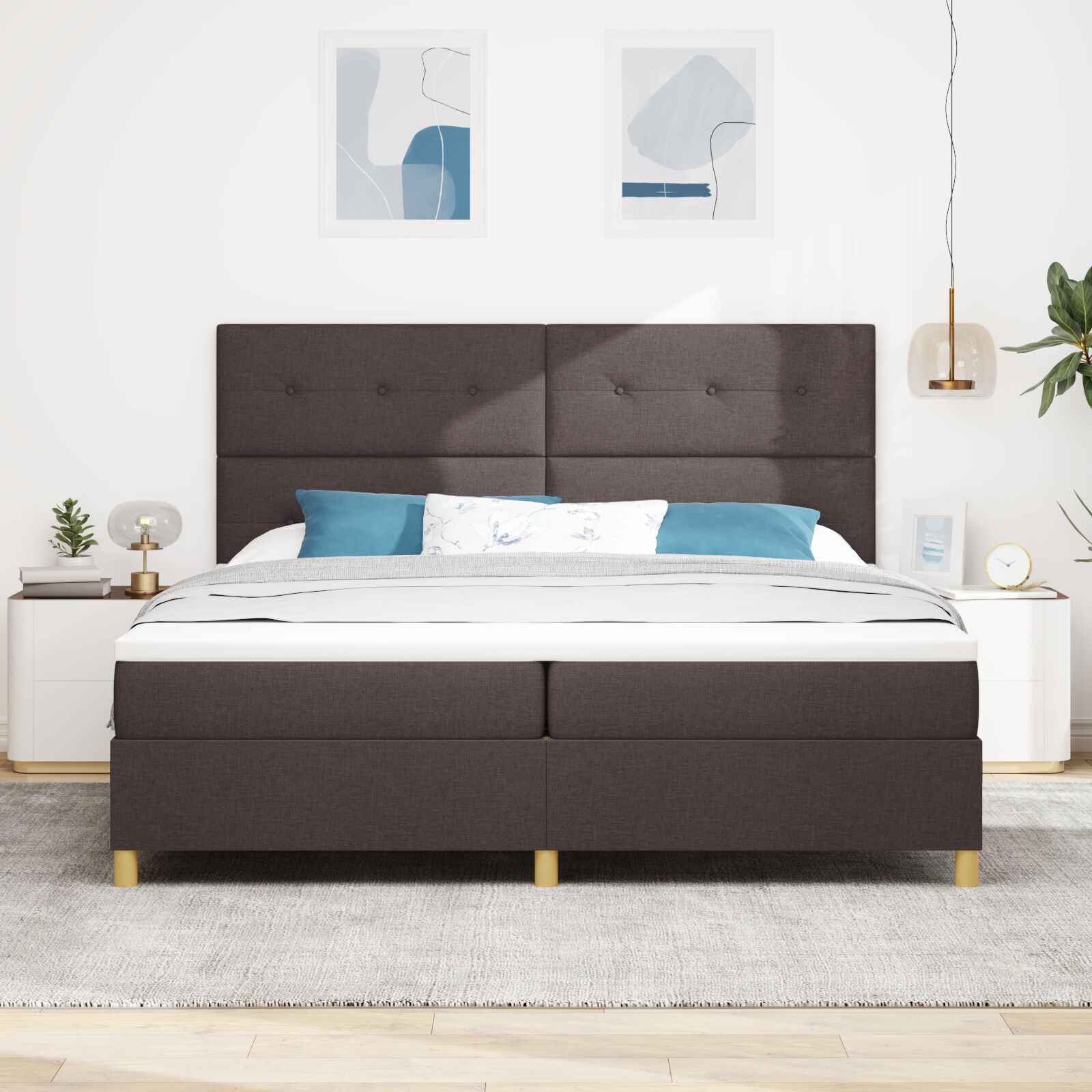 vidaXL Pat cu arcuri cu saltea Maro închis 200 x 200 cm țesătură vidaXL Pat cu arcuri cu saltea Maro închis 200 x 200 cm țesătură