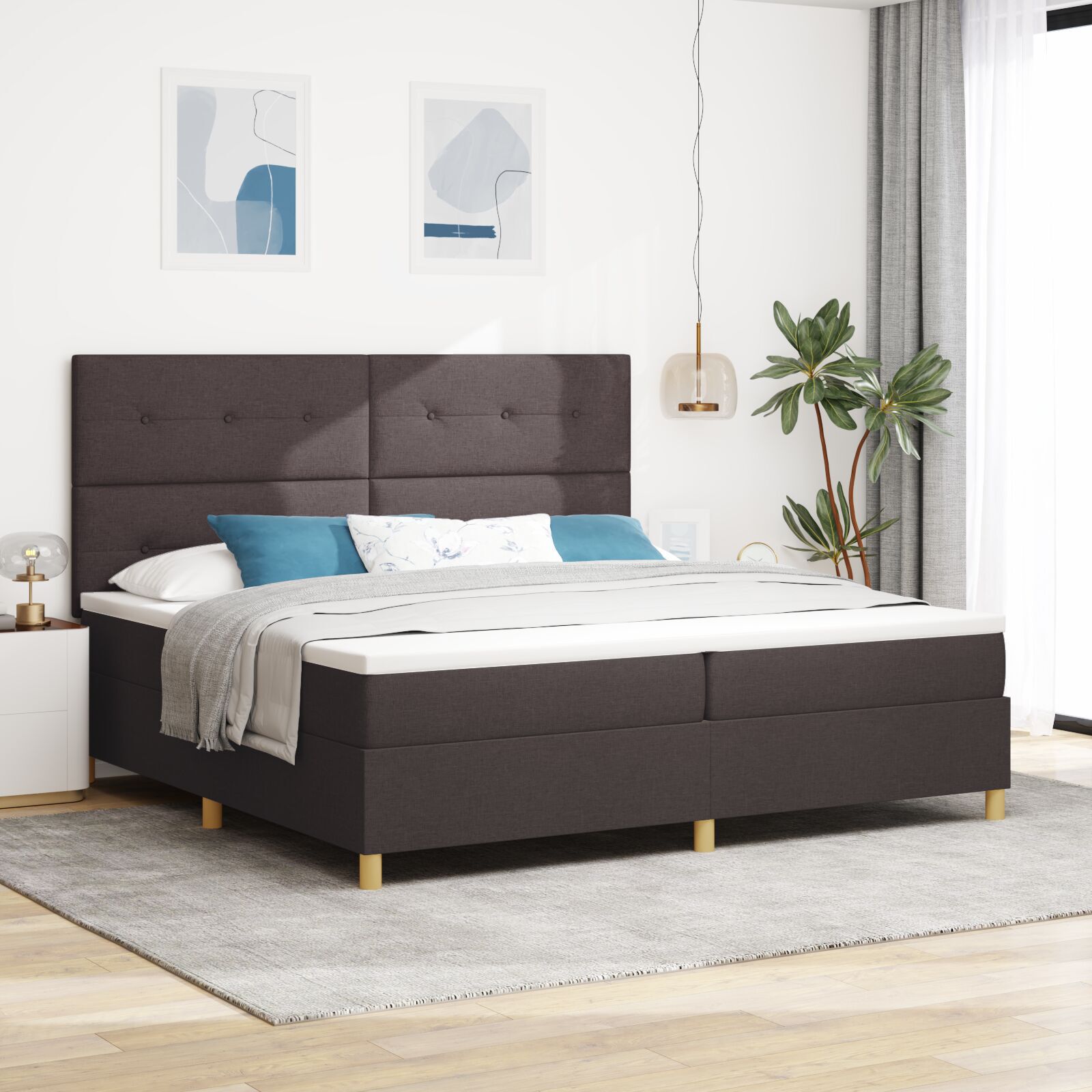 vidaXL Pat cu arcuri cu saltea Maro închis 200 x 200 cm țesătură vidaXL Pat cu arcuri cu saltea Maro închis 200 x 200 cm țesătură
