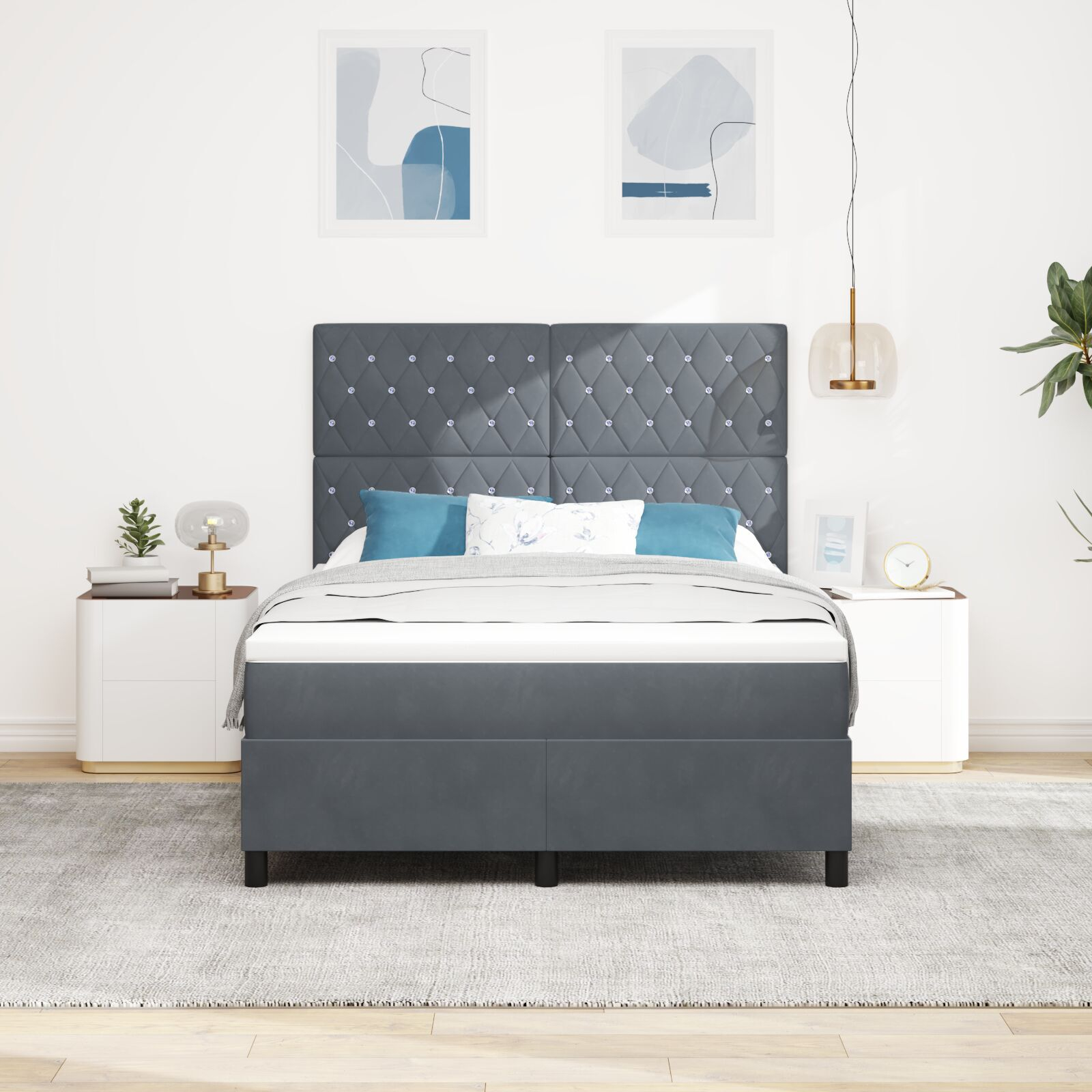 vidaXL Pat cu arcuri cu saltea Gri închis 140 x 190 cm Catifea vidaXL Pat cu arcuri cu saltea Gri închis 140 x 190 cm Catifea