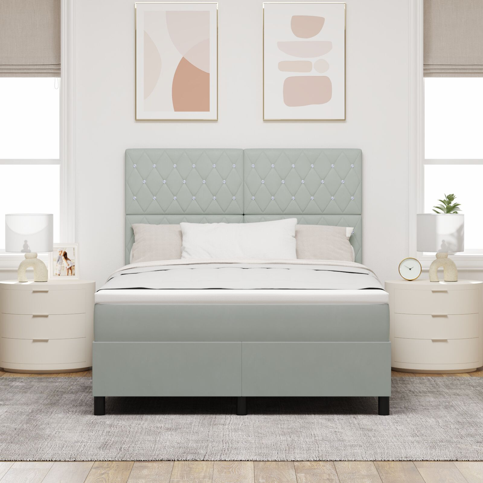 Pat cu arc și saltea vidaXL Gri deschis 160x200 cm Catifea Pat cu arc și saltea vidaXL Gri deschis 160x200 cm Catifea