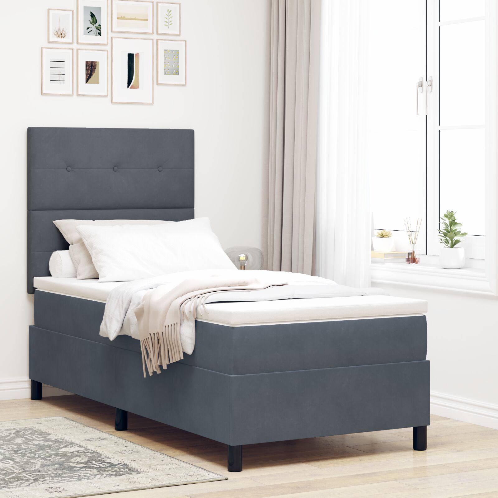 vidaXL Pat cu arcuri cu saltea Gri închis 90 x 190 cm Catifea vidaXL Pat cu arcuri cu saltea Gri închis 90 x 190 cm Catifea