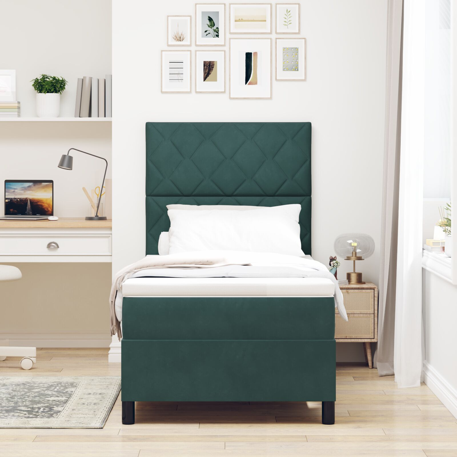 Pat cu arcuri vidaXL și saltea Verde închis 100x200 cm din catifea Pat cu arcuri vidaXL și saltea Verde închis 100x200 cm din catifea