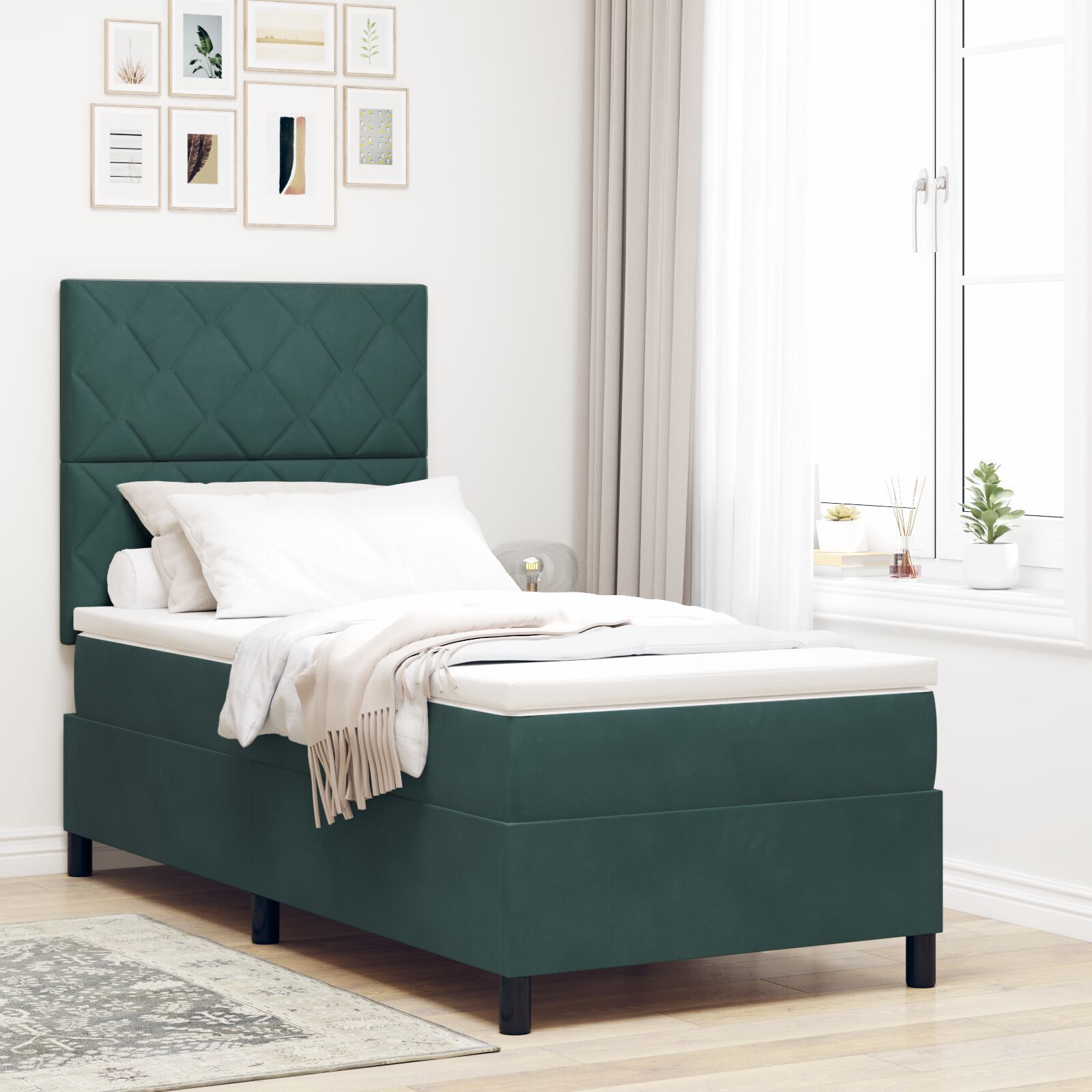 Pat cu arcuri vidaXL și saltea Verde închis 100x200 cm din catifea Pat cu arcuri vidaXL și saltea Verde închis 100x200 cm din catifea