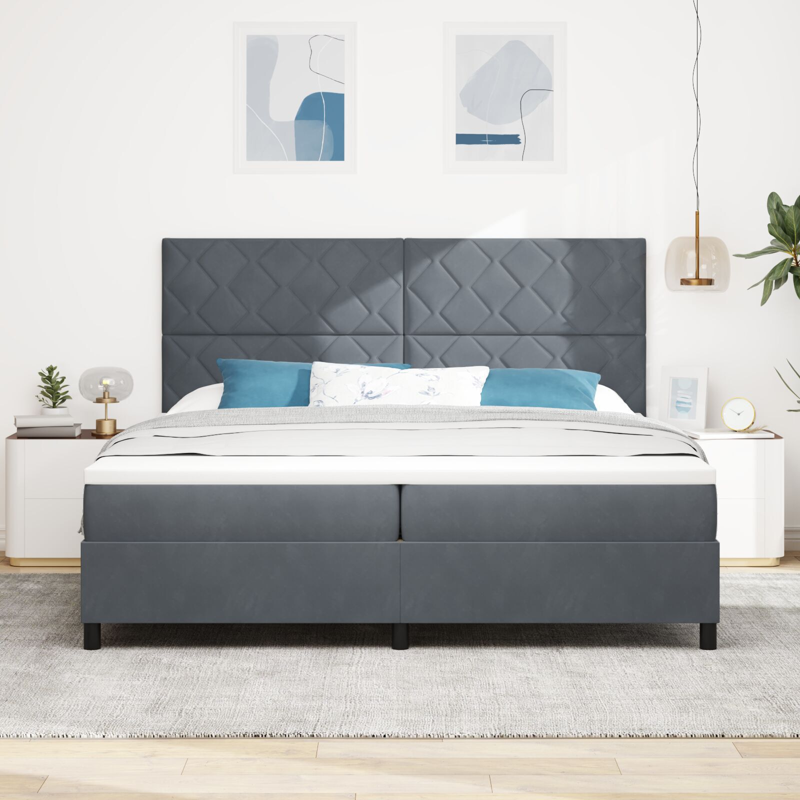 vidaXL Pat cu arcuri cu saltea Gri închis 200 x 200 cm Catifea vidaXL Pat cu arcuri cu saltea Gri închis 200 x 200 cm Catifea