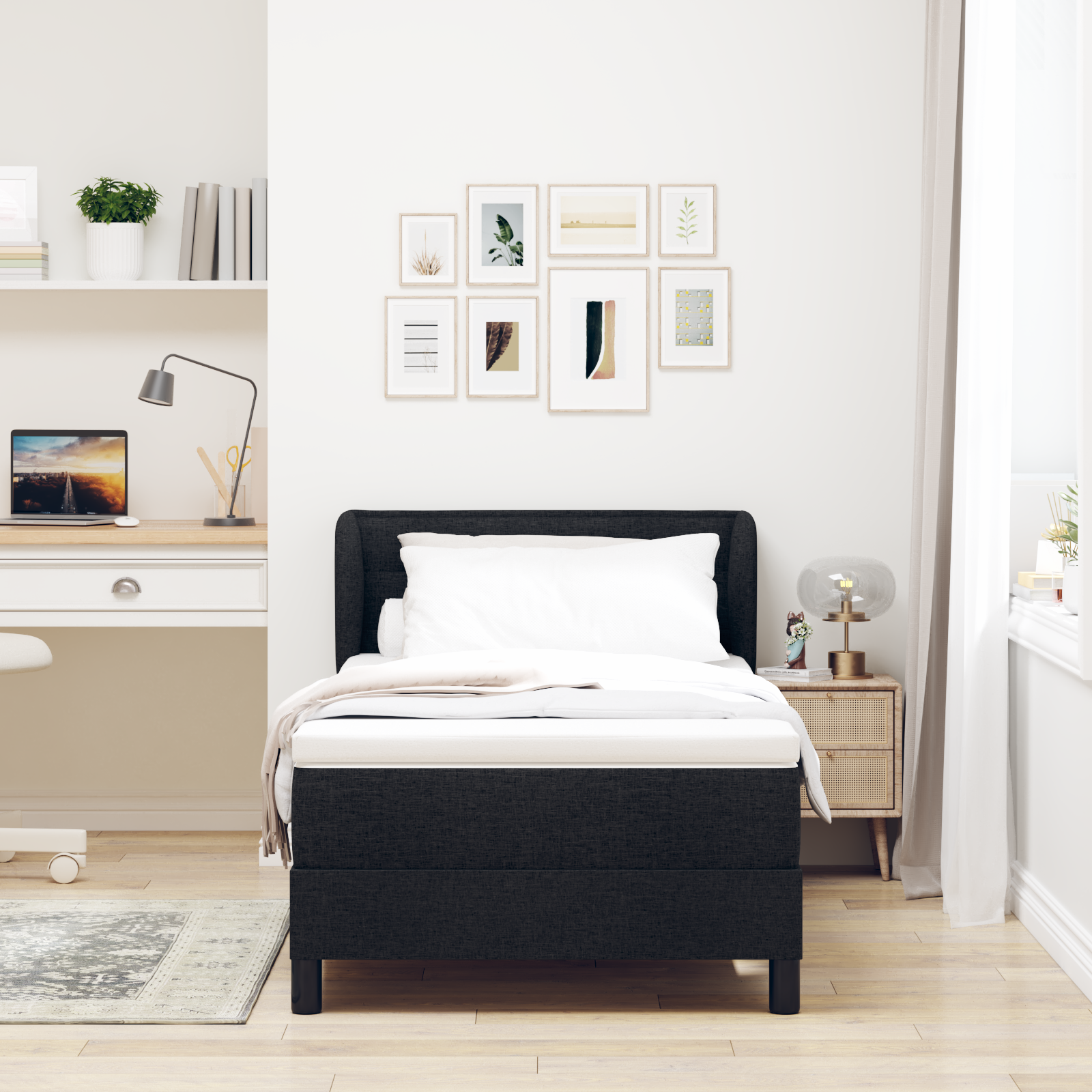 Pat Box Spring vidaXL cu saltea Negru 90x200 cm Fabric Pat Box Spring vidaXL cu saltea Negru 90x200 cm Fabric