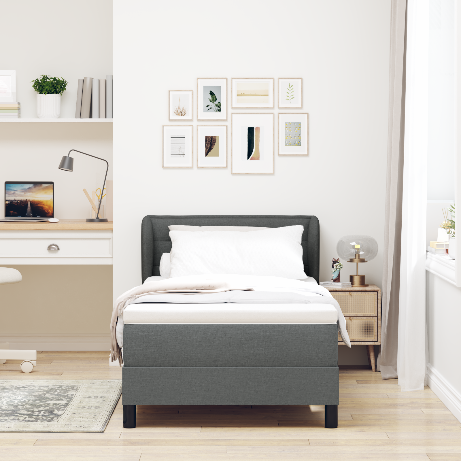 Pat Box Spring vidaXL cu Saltea Gri Închis 100x200 cm Fabric Pat Box Spring vidaXL cu Saltea Gri Închis 100x200 cm Fabric