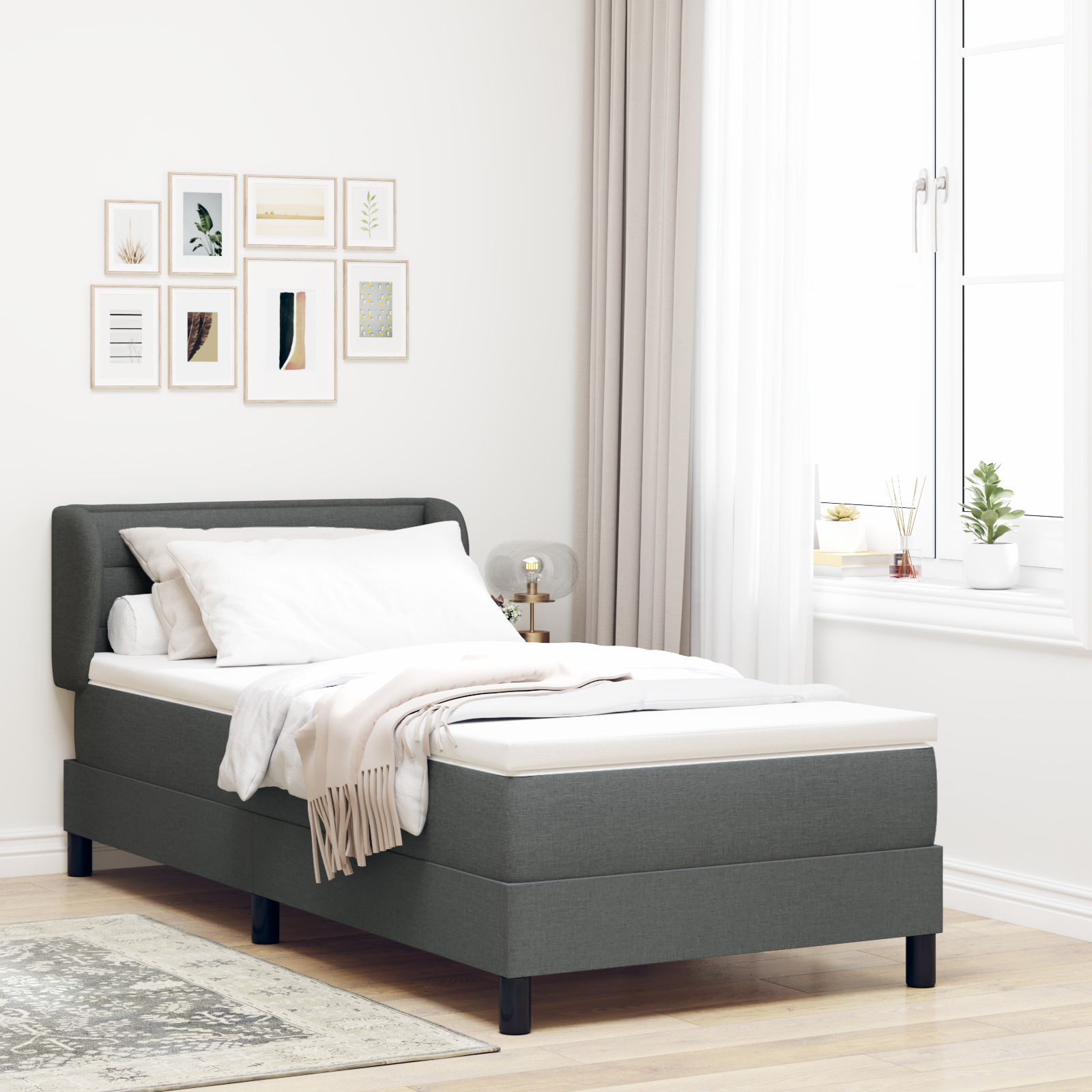 Pat Box Spring vidaXL cu Saltea Gri Închis 100x200 cm Fabric Pat Box Spring vidaXL cu Saltea Gri Închis 100x200 cm Fabric