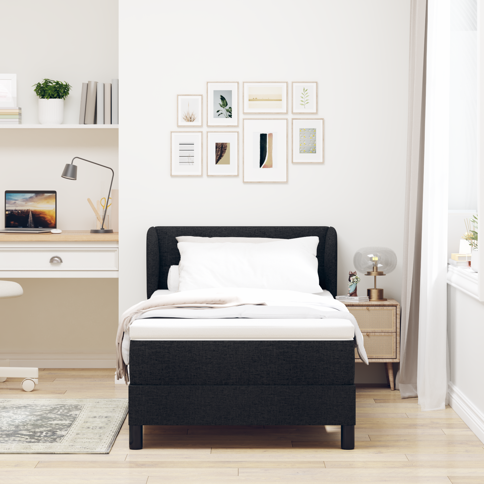 Pat Box Spring vidaXL cu Saltea Negru 90x200 cm Din Material Textil Pat Box Spring vidaXL cu Saltea Negru 90x200 cm Din Material Textil