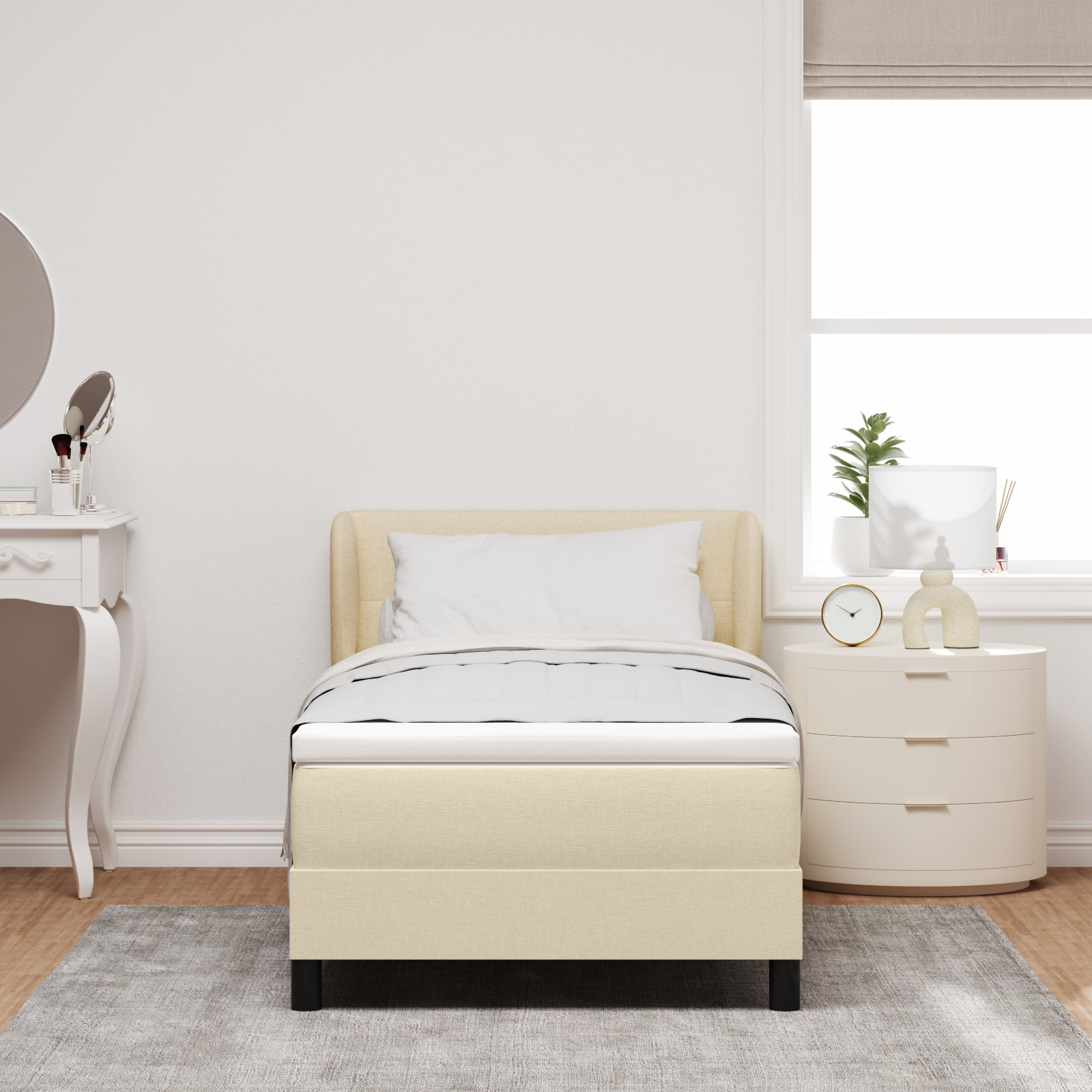 Pat cu tablie vidaXL cu saltea Crem 90x200 cm Textil Pat cu tablie vidaXL cu saltea Crem 90x200 cm Textil