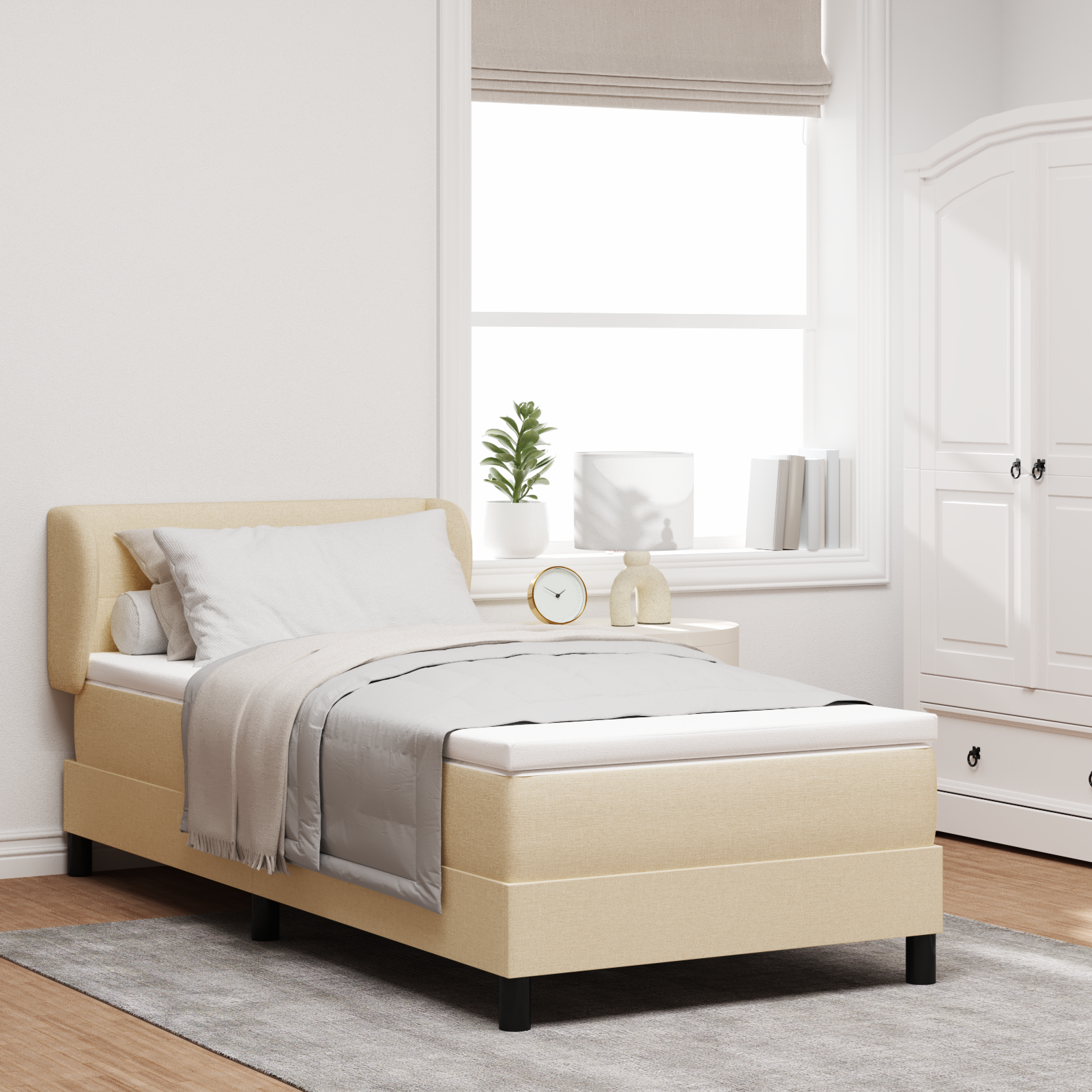 Pat cu tablie vidaXL cu saltea Crem 90x200 cm Textil Pat cu tablie vidaXL cu saltea Crem 90x200 cm Textil