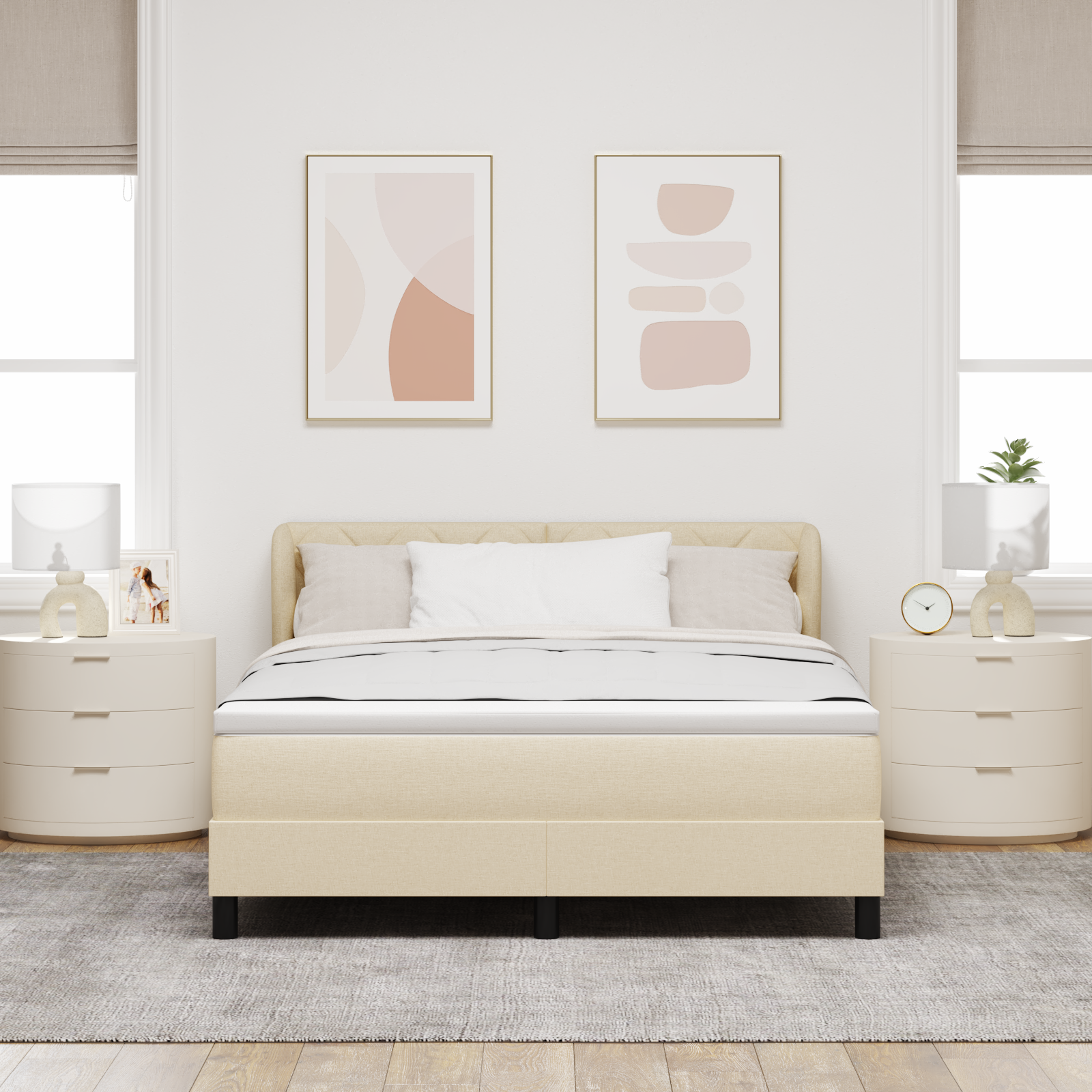 Pat cu arcuri vidaXL cu saltea Crem 160x200 cm Textil Pat cu arcuri vidaXL cu saltea Crem 160x200 cm Textil