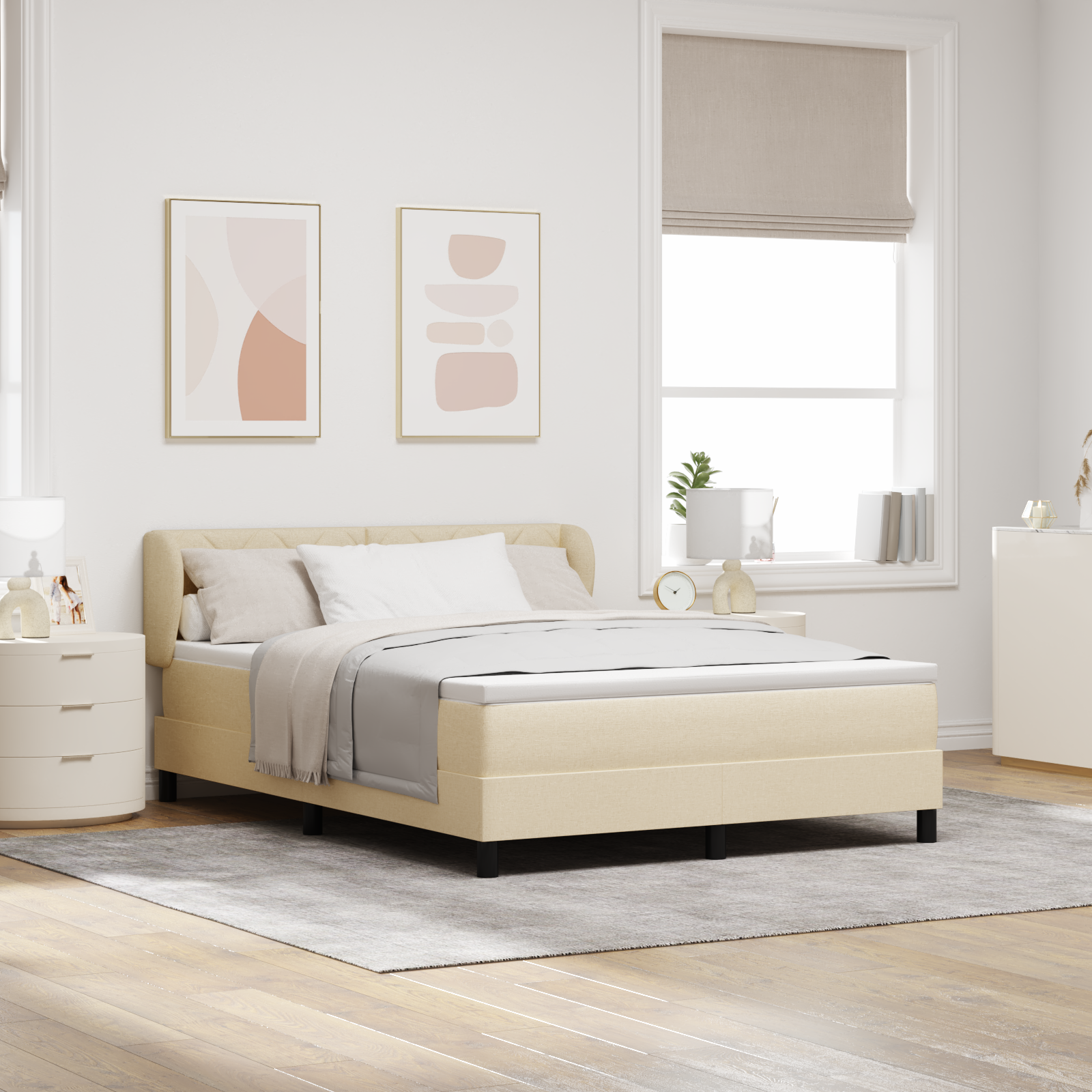 Pat cu arcuri vidaXL cu saltea Crem 160x200 cm Textil Pat cu arcuri vidaXL cu saltea Crem 160x200 cm Textil