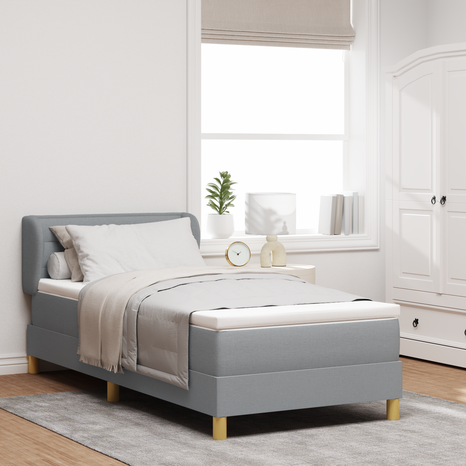 Pat Box Spring vidaXL cu Saltea Gri Deschis 90x200 cm țesătură Pat Box Spring vidaXL cu Saltea Gri Deschis 90x200 cm țesătură