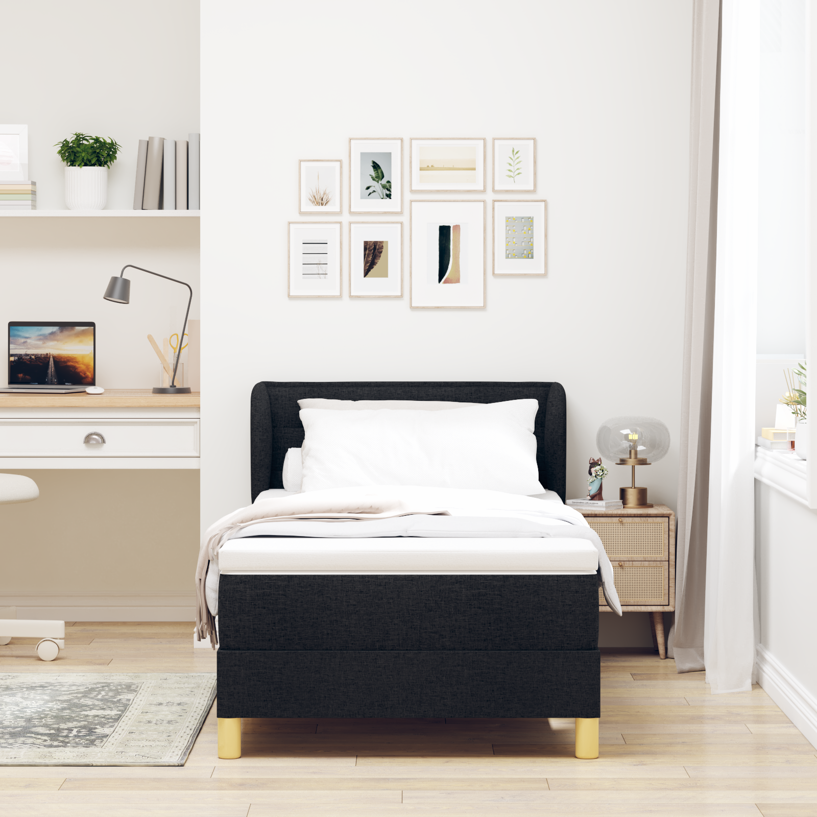 Pat Box Spring vidaXL cu Saltea Negru 100x200 cm Textil Pat Box Spring vidaXL cu Saltea Negru 100x200 cm Textil