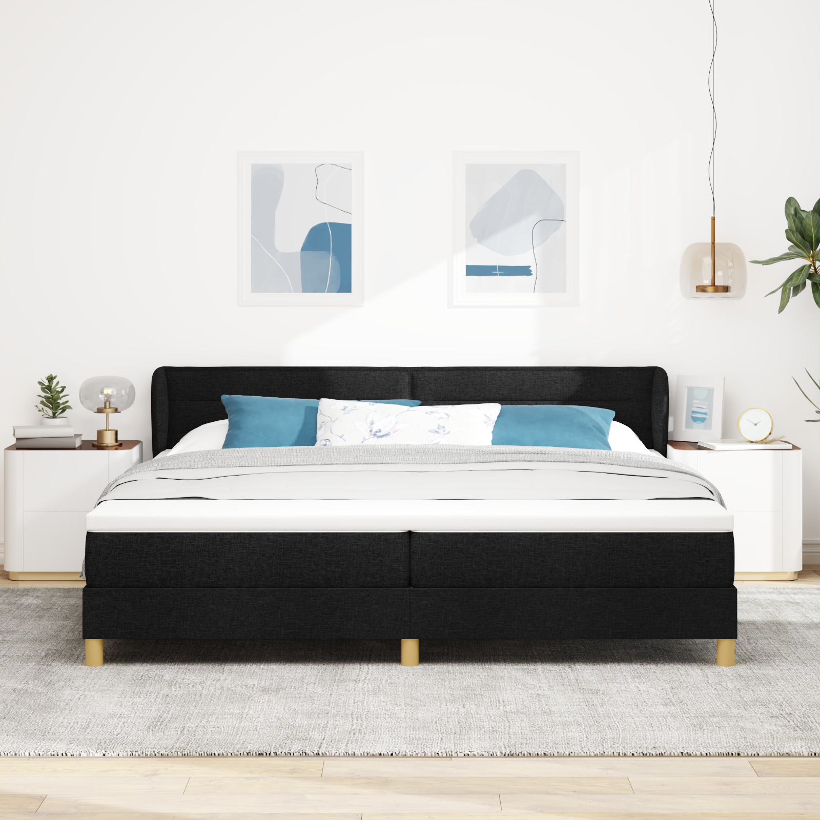 Pat cu saltea vidaXL, Negru, 200x200 cm, Material textil Pat cu saltea vidaXL, Negru, 200x200 cm, Material textil