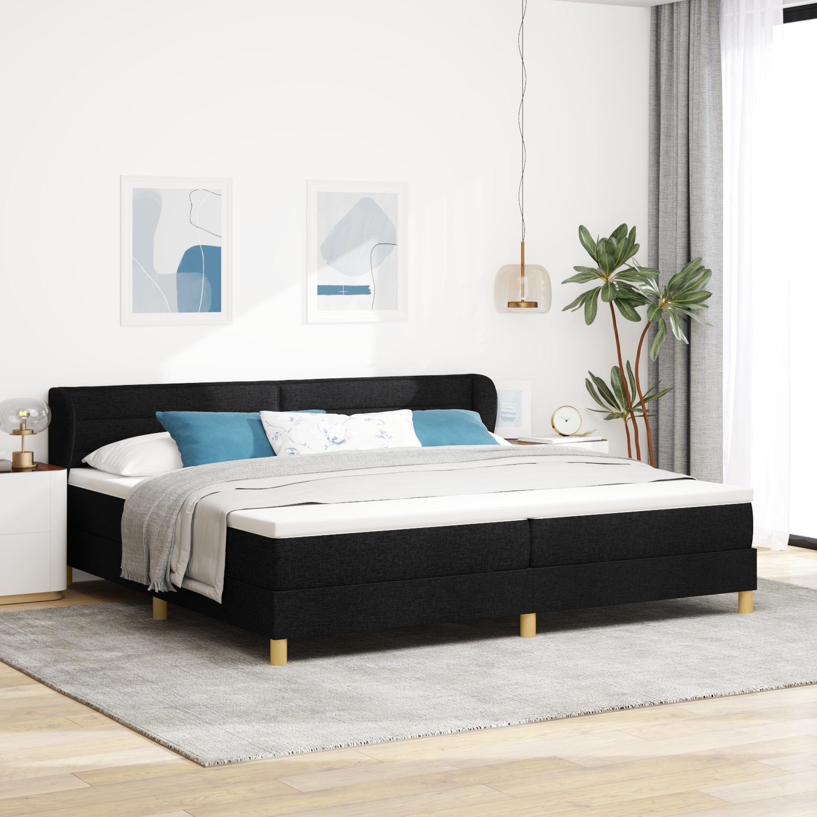 Pat cu saltea vidaXL, Negru, 200x200 cm, Material textil Pat cu saltea vidaXL, Negru, 200x200 cm, Material textil