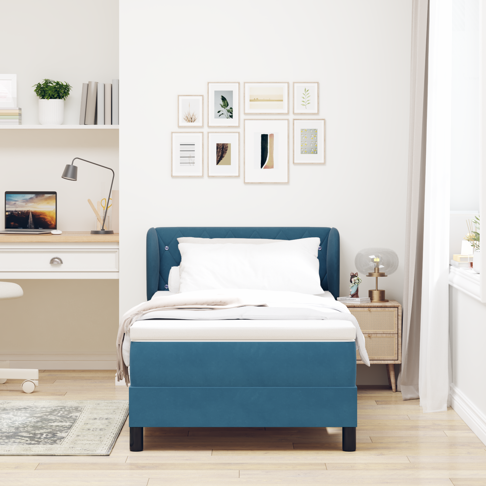 Pat Box Spring vidaXL cu Saltea Albastru Întunecat 90x200 cm Catifea Pat Box Spring vidaXL cu Saltea Albastru Întunecat 90x200 cm Catifea