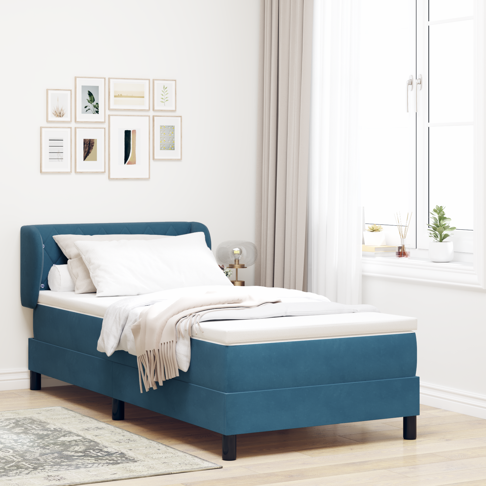 Pat Box Spring vidaXL cu Saltea Albastru Întunecat 90x200 cm Catifea Pat Box Spring vidaXL cu Saltea Albastru Întunecat 90x200 cm Catifea