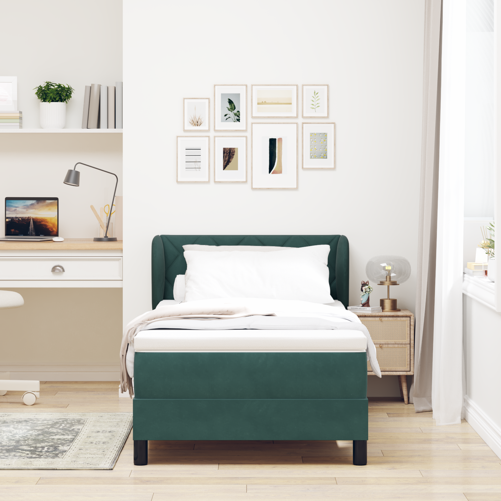 Pat cu arcuri vidaXL cu saltea Verde închis 90x200 cm Catifea Pat cu arcuri vidaXL cu saltea Verde închis 90x200 cm Catifea