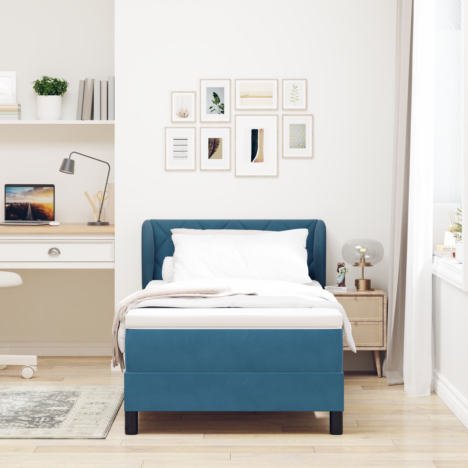 Pat cu saltea Box Spring vidaXL Albastru închis 100x200 cm Catifea Pat cu saltea Box Spring vidaXL Albastru închis 100x200 cm Catifea