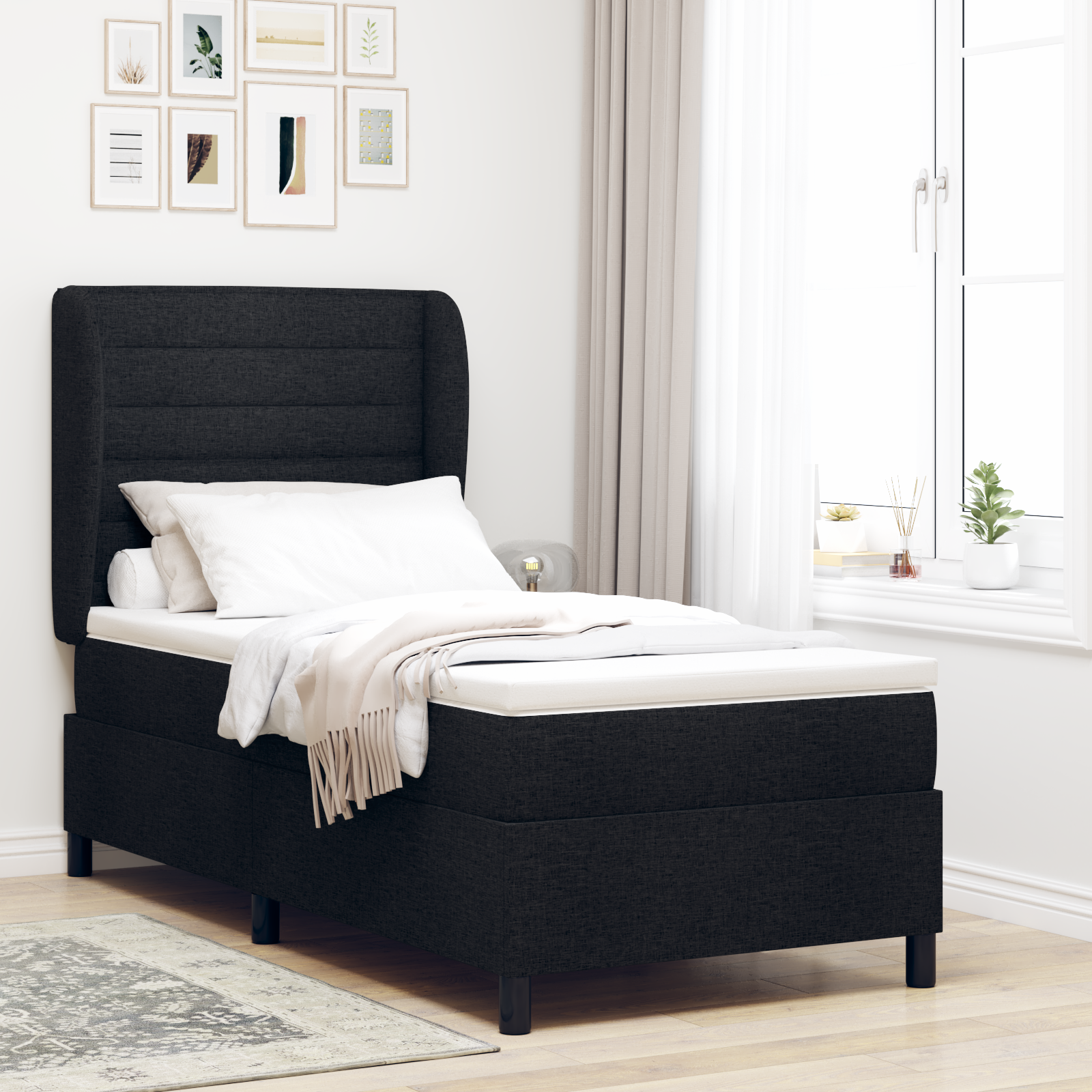vidaXL Pat cu arcuri cu saltea Negru 100 x 200 cm țesătură vidaXL Pat cu arcuri cu saltea Negru 100 x 200 cm țesătură