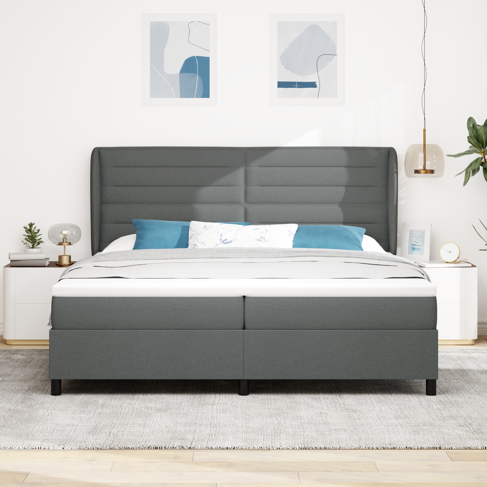vidaXL Pat cu arcuri cu saltea Gri închis 200 x 200 cm țesătură vidaXL Pat cu arcuri cu saltea Gri închis 200 x 200 cm țesătură