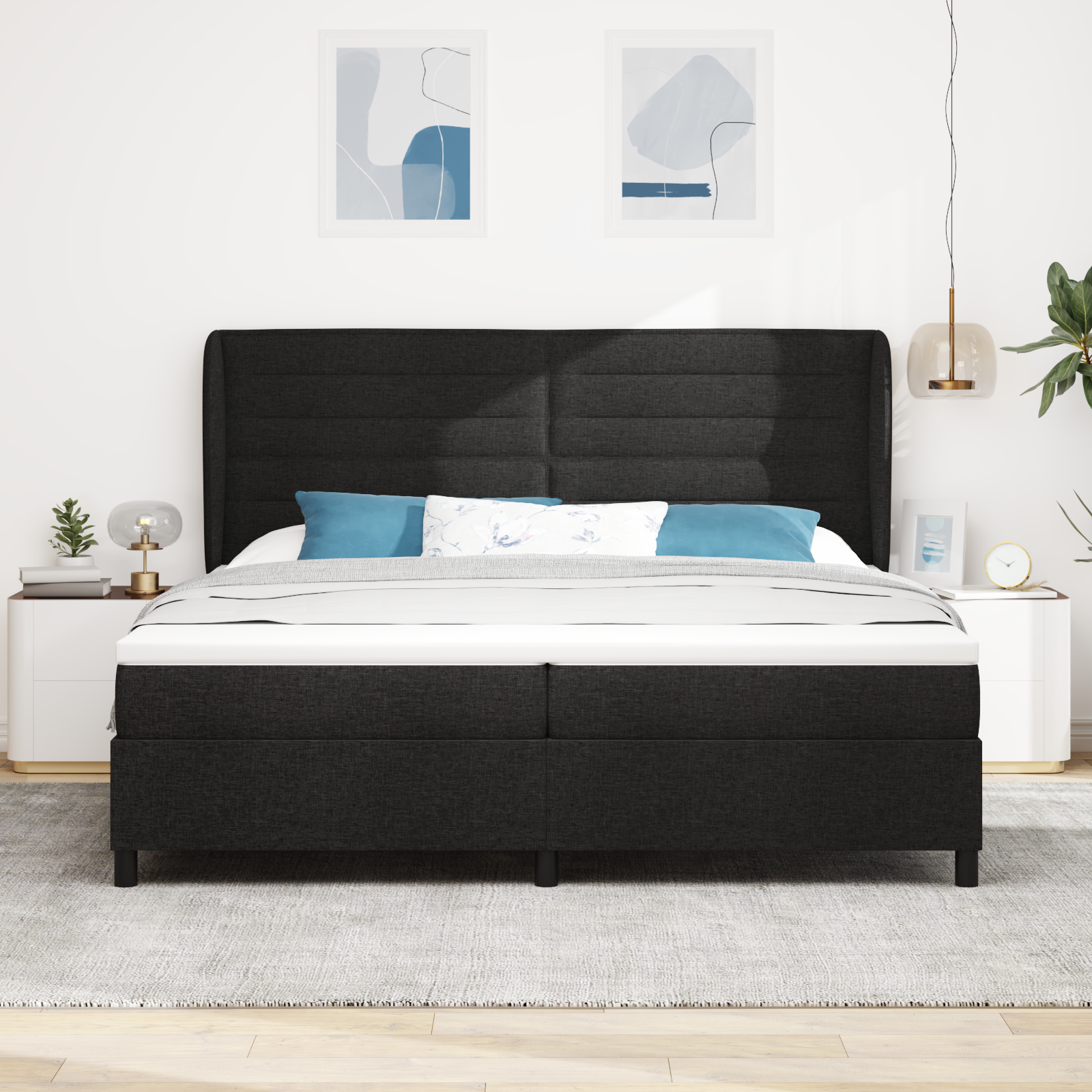 vidaXL Pat cu arcuri cu saltea Negru 200 x 200 cm țesătură vidaXL Pat cu arcuri cu saltea Negru 200 x 200 cm țesătură