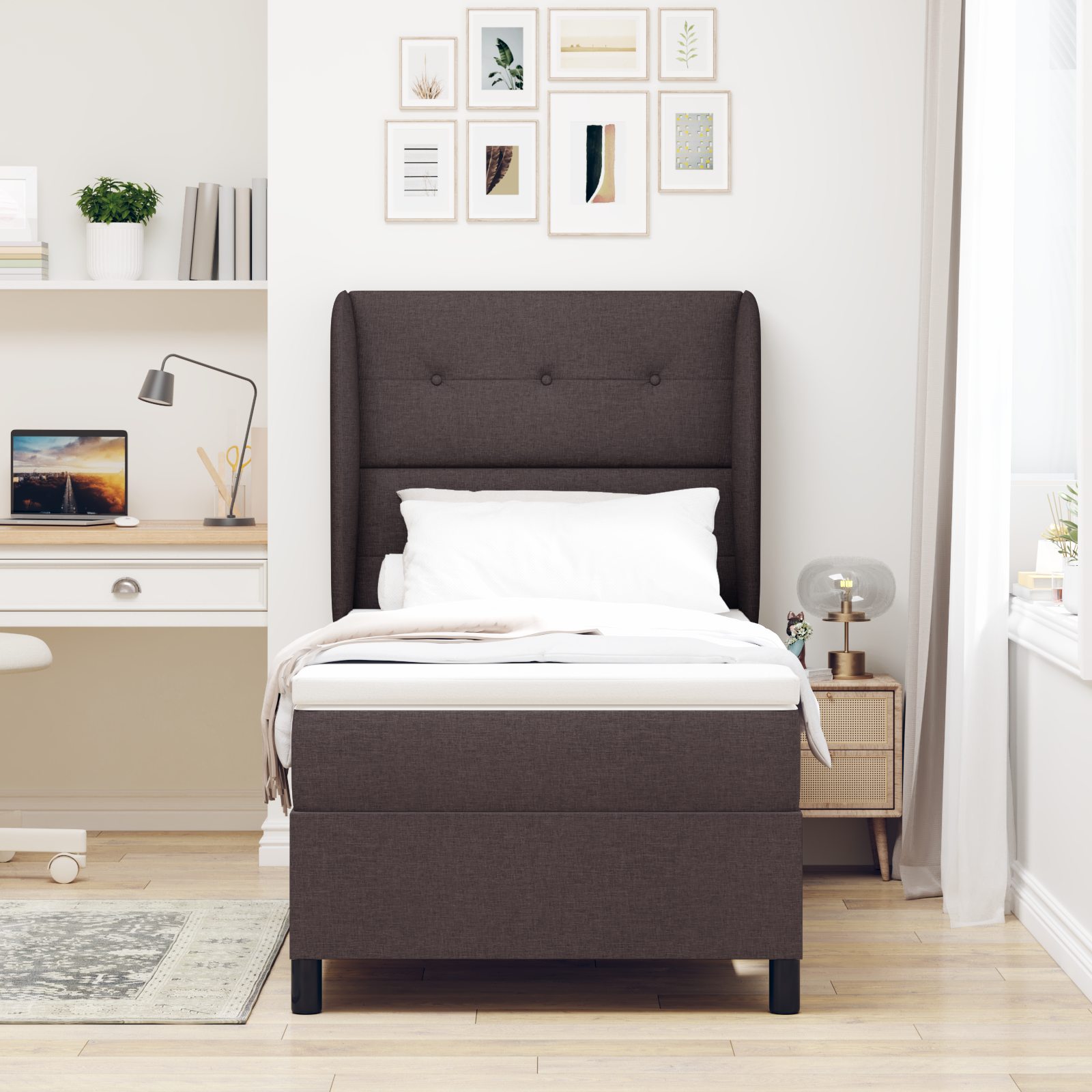 vidaXL Pat cu arcuri cu saltea Maro închis 90 x 190 cm țesătură vidaXL Pat cu arcuri cu saltea Maro închis 90 x 190 cm țesătură