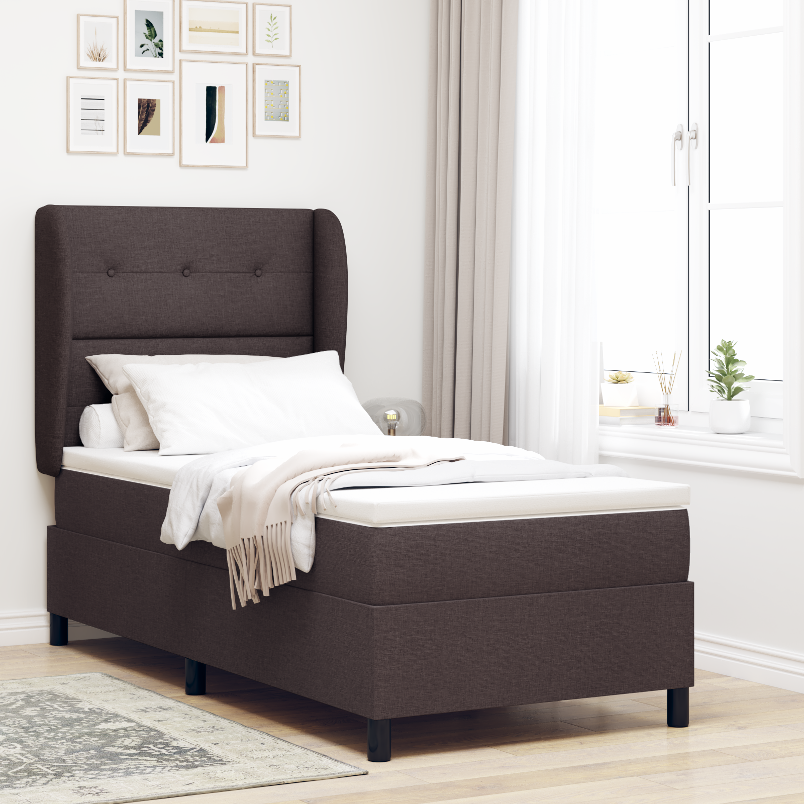 vidaXL Pat cu arcuri cu saltea Maro închis 90 x 190 cm țesătură vidaXL Pat cu arcuri cu saltea Maro închis 90 x 190 cm țesătură