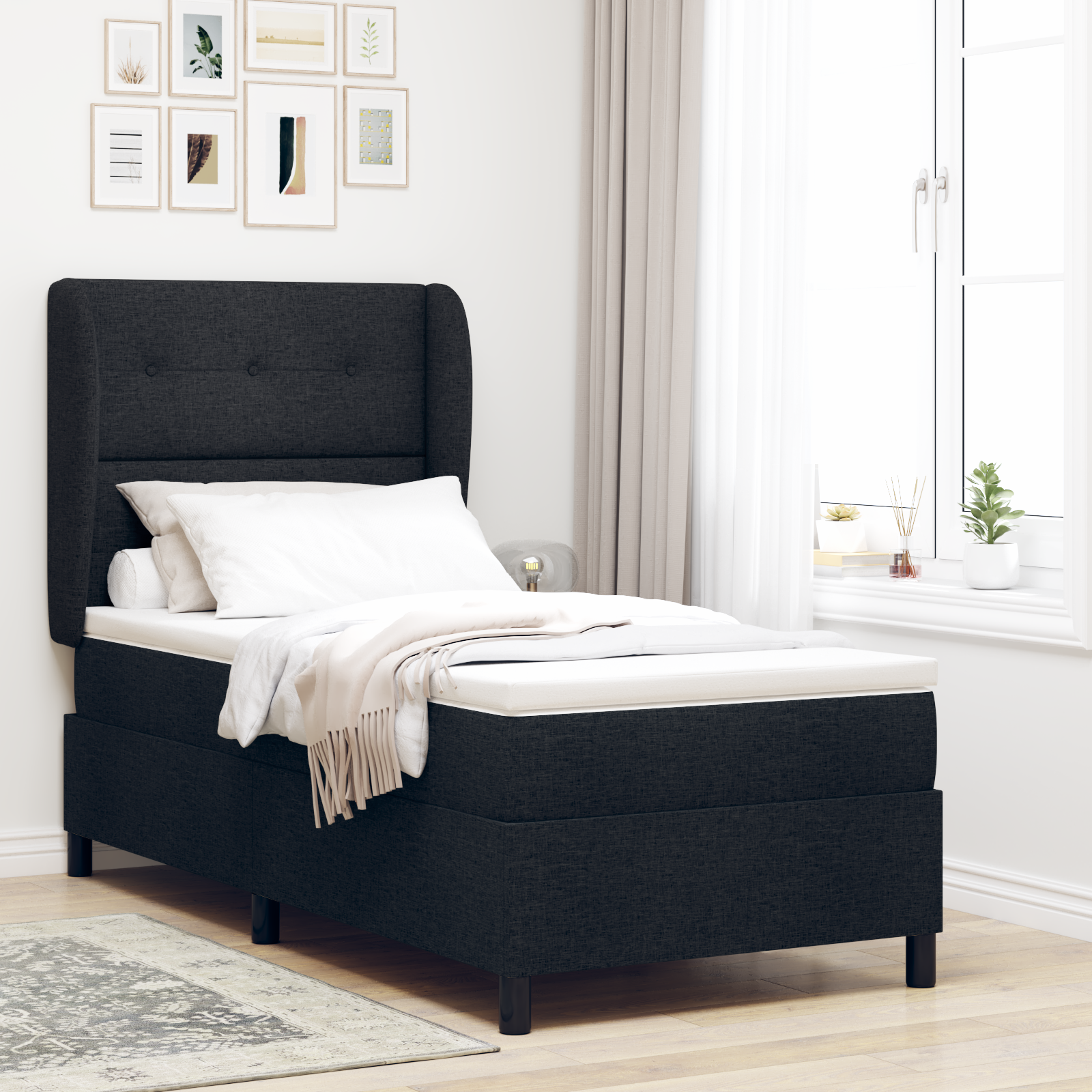 vidaXL Pat cu arcuri cu saltea Negru 100 x 200 cm țesătură vidaXL Pat cu arcuri cu saltea Negru 100 x 200 cm țesătură