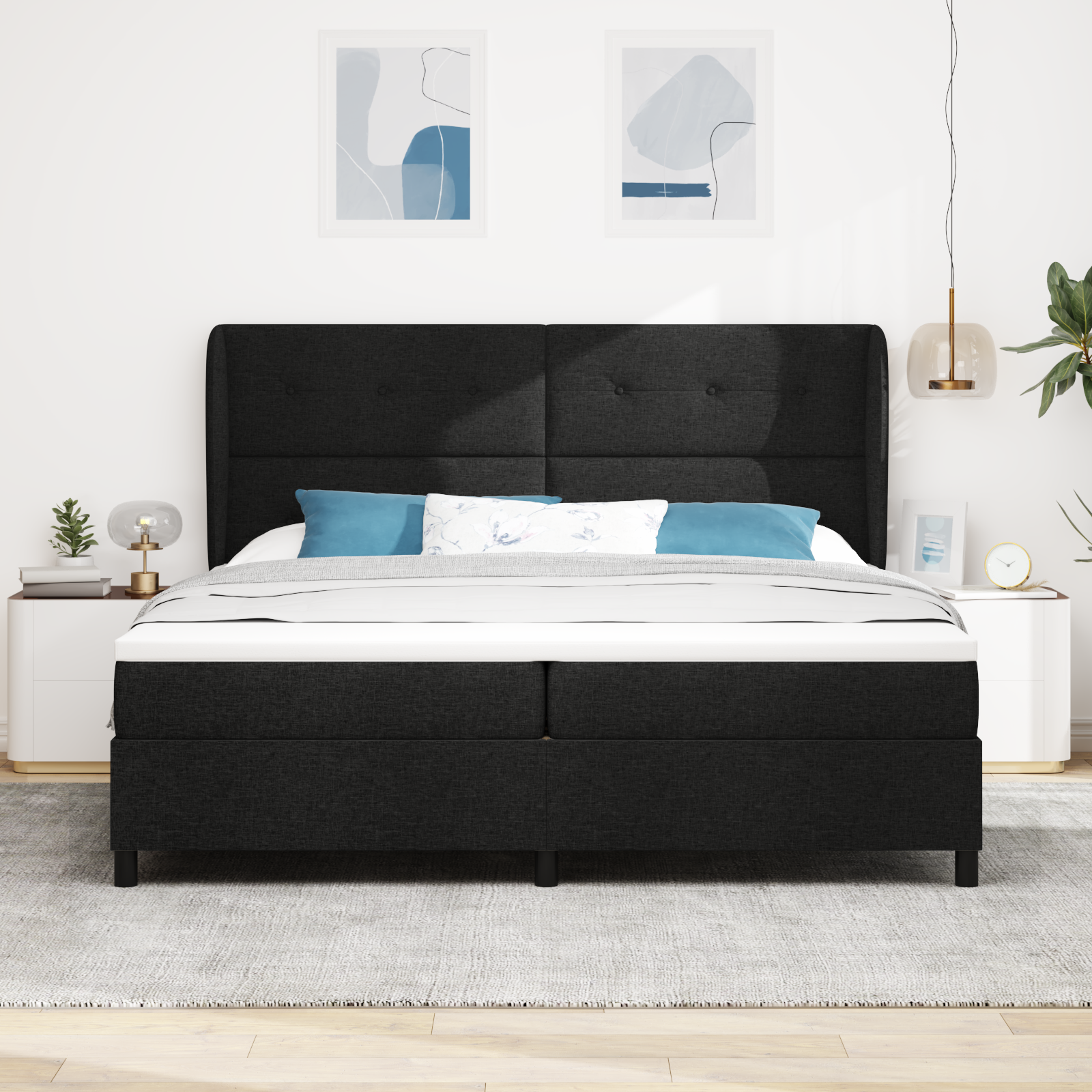 vidaXL Pat cu arcuri cu saltea Negru 200 x 200 cm țesătură vidaXL Pat cu arcuri cu saltea Negru 200 x 200 cm țesătură