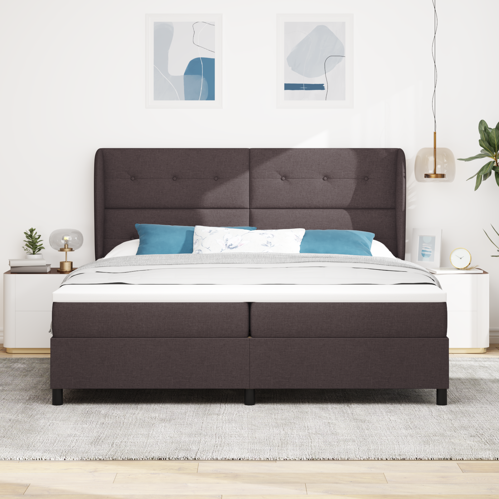 vidaXL Pat cu arcuri cu saltea Maro închis 200 x 200 cm țesătură vidaXL Pat cu arcuri cu saltea Maro închis 200 x 200 cm țesătură