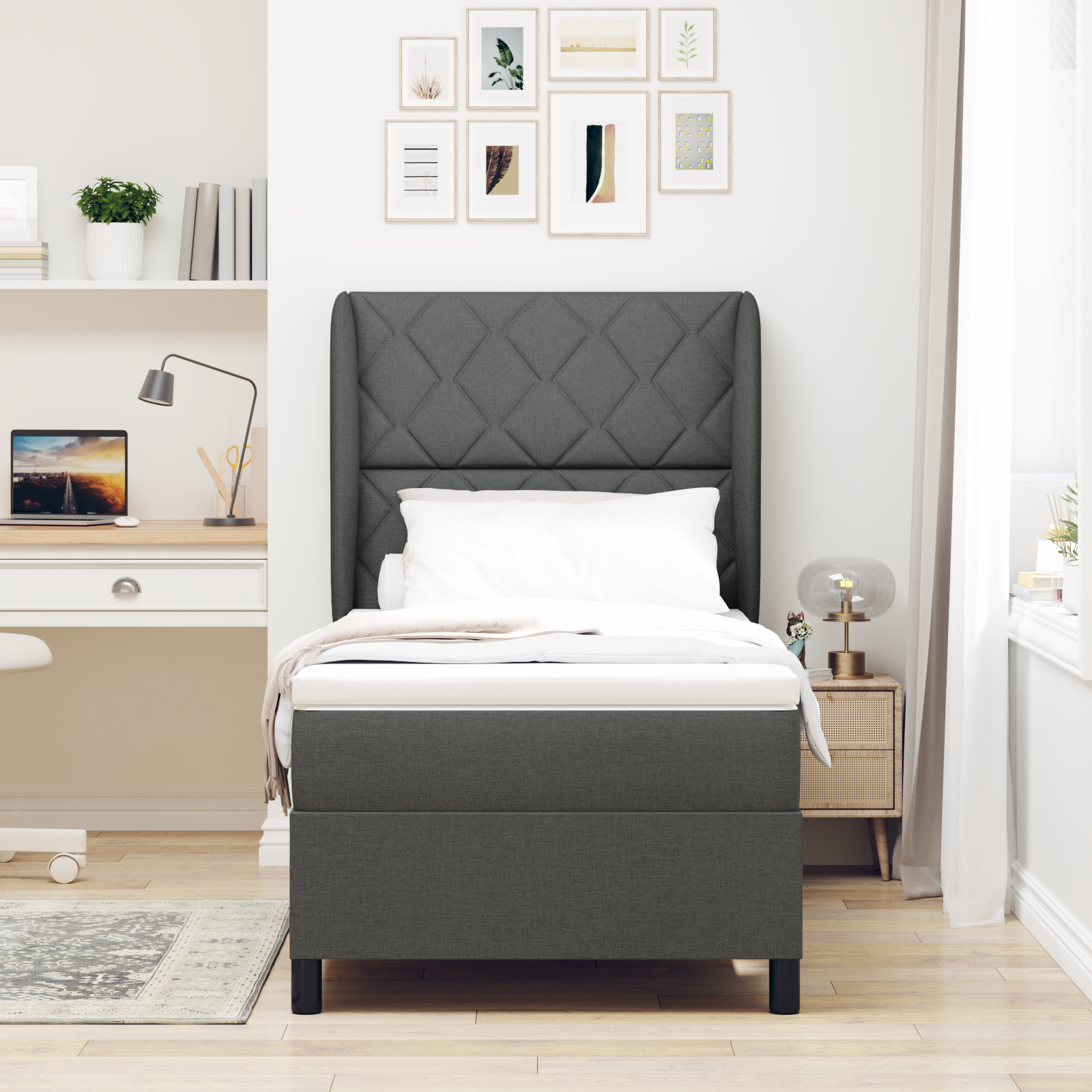 vidaXL Pat cu arcuri cu saltea Gri închis 90 x 190 cm țesătură vidaXL Pat cu arcuri cu saltea Gri închis 90 x 190 cm țesătură