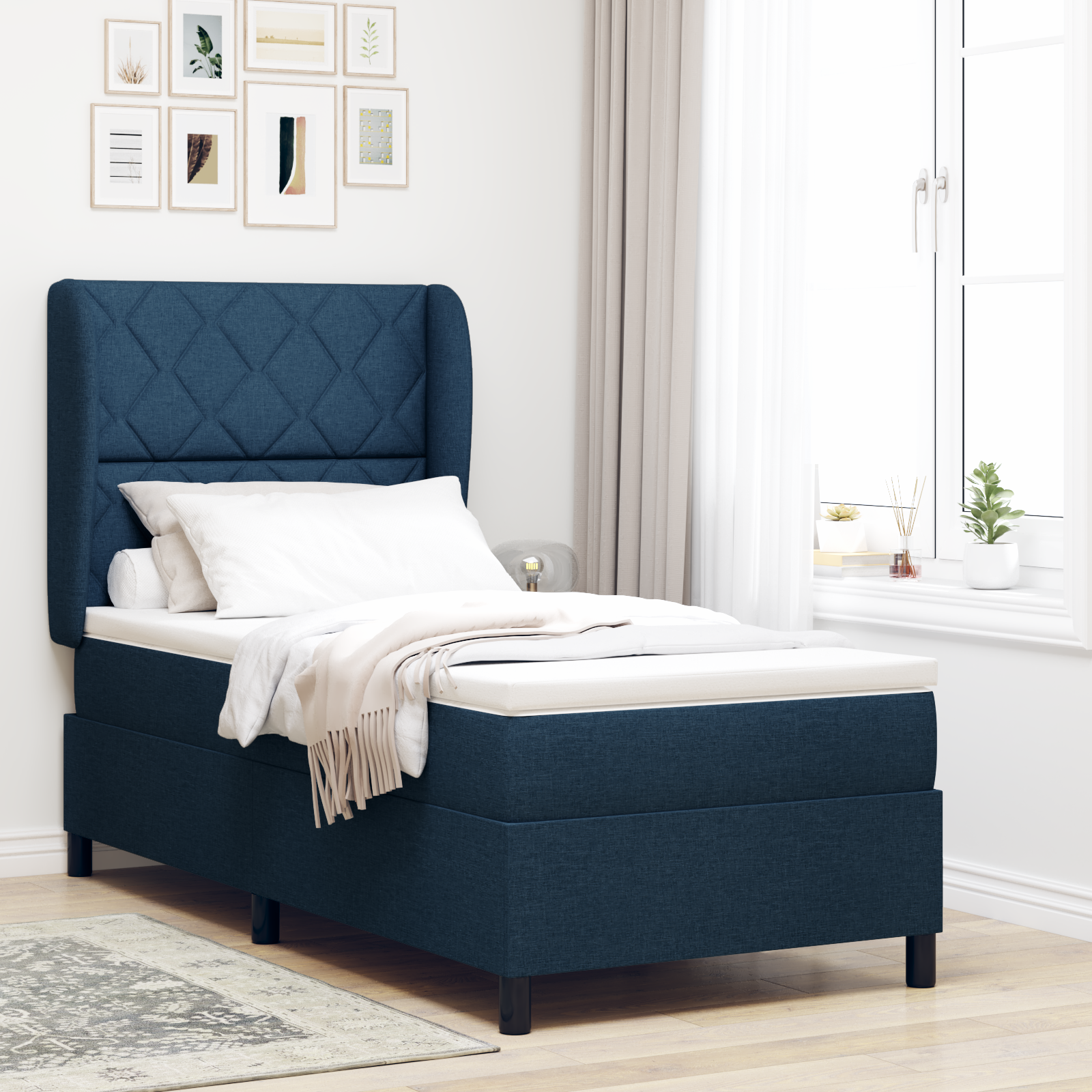 vidaXL Pat cu arcuri cu saltea albastru 90 x 200 cm țesătură vidaXL Pat cu arcuri cu saltea albastru 90 x 200 cm țesătură
