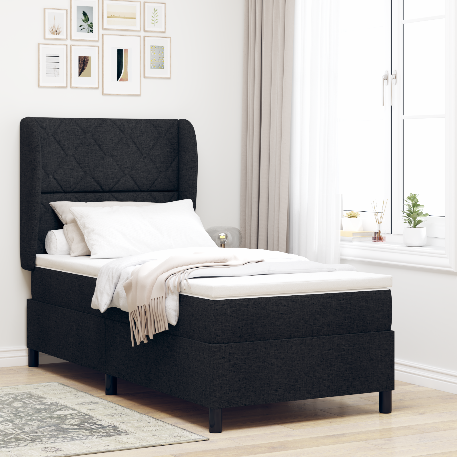 vidaXL Pat cu arcuri cu saltea Negru 100 x 200 cm țesătură vidaXL Pat cu arcuri cu saltea Negru 100 x 200 cm țesătură