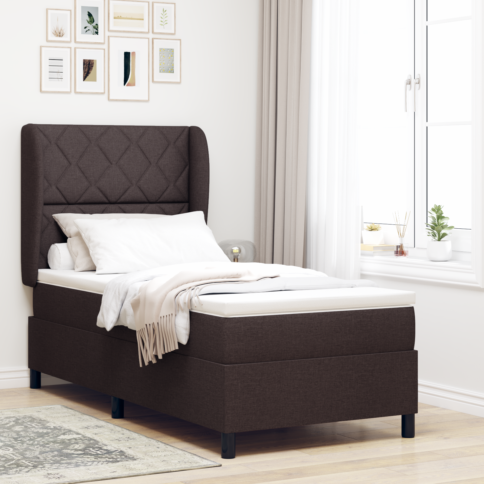vidaXL Pat cu arcuri cu saltea Maro închis 100 x 200 cm țesătură vidaXL Pat cu arcuri cu saltea Maro închis 100 x 200 cm țesătură