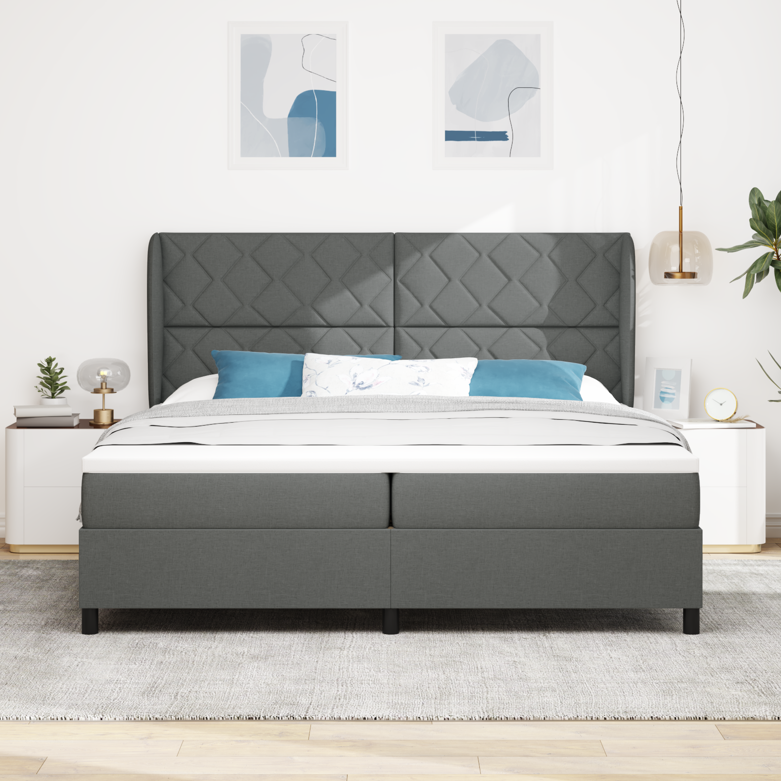 vidaXL Pat cu arcuri cu saltea Gri închis 200 x 200 cm țesătură vidaXL Pat cu arcuri cu saltea Gri închis 200 x 200 cm țesătură