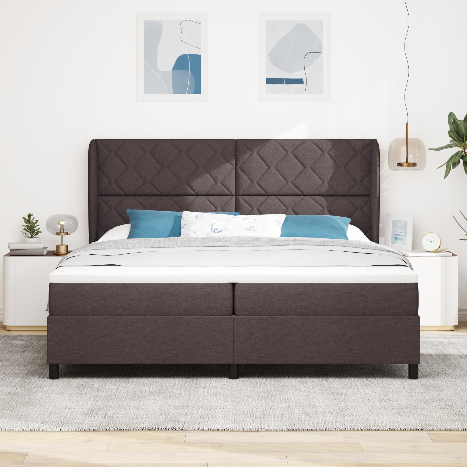 vidaXL Pat cu arcuri cu saltea Maro închis 200 x 200 cm țesătură vidaXL Pat cu arcuri cu saltea Maro închis 200 x 200 cm țesătură