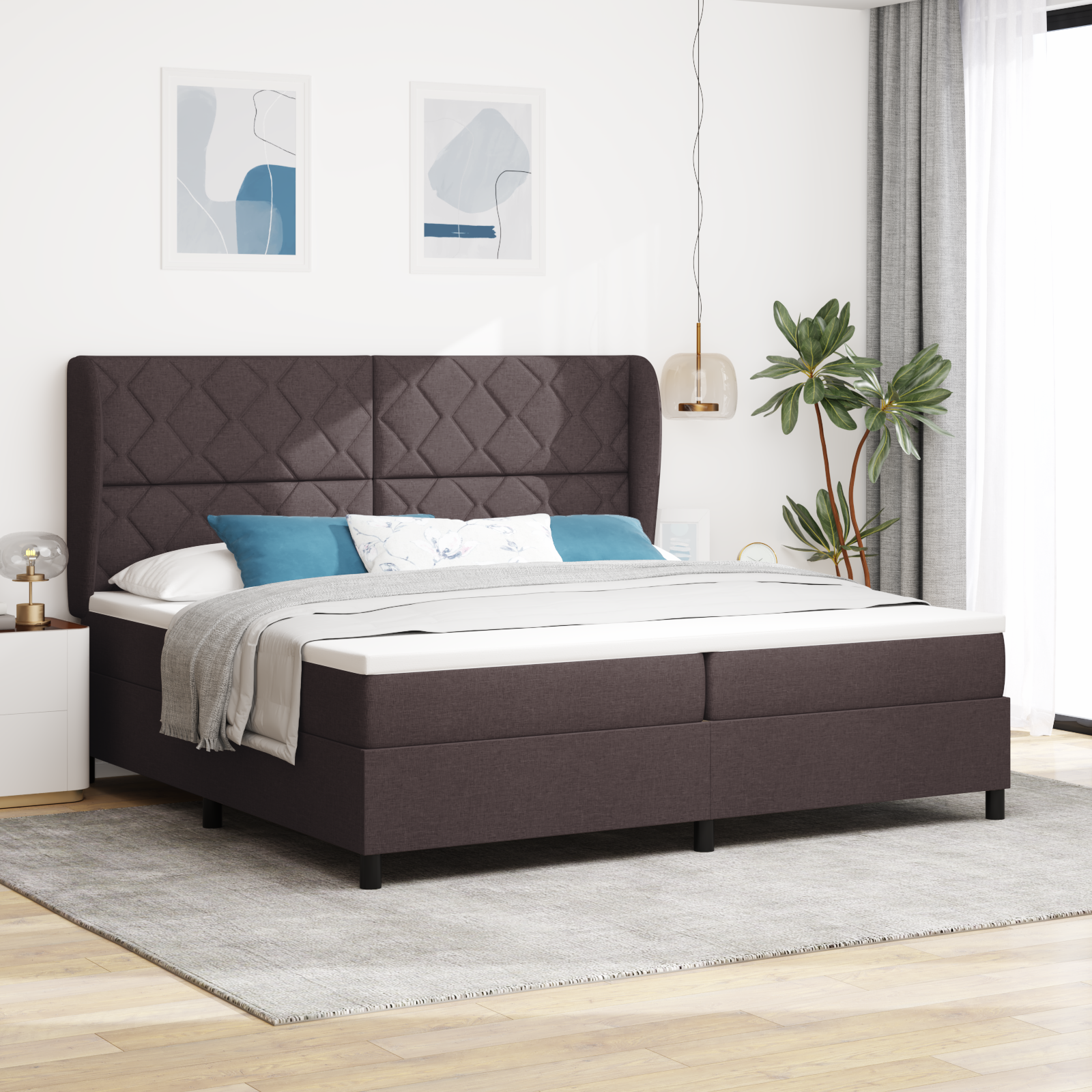 vidaXL Pat cu arcuri cu saltea Maro închis 200 x 200 cm țesătură vidaXL Pat cu arcuri cu saltea Maro închis 200 x 200 cm țesătură