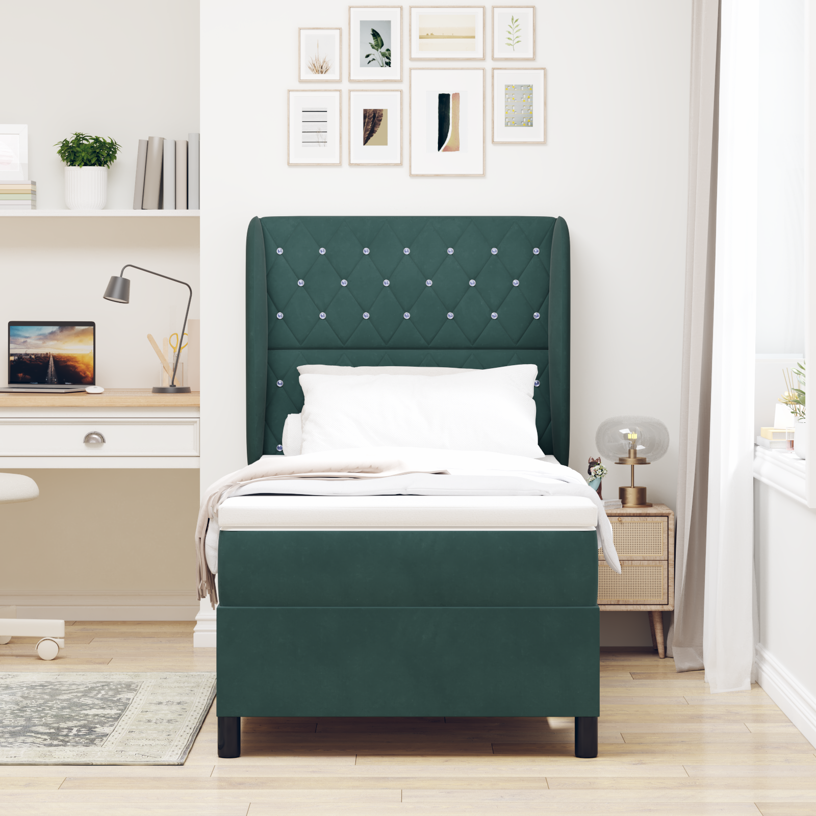 vidaXL Pat cu arcuri cu saltea Verde închis 90 x 200 cm Catifea vidaXL Pat cu arcuri cu saltea Verde închis 90 x 200 cm Catifea