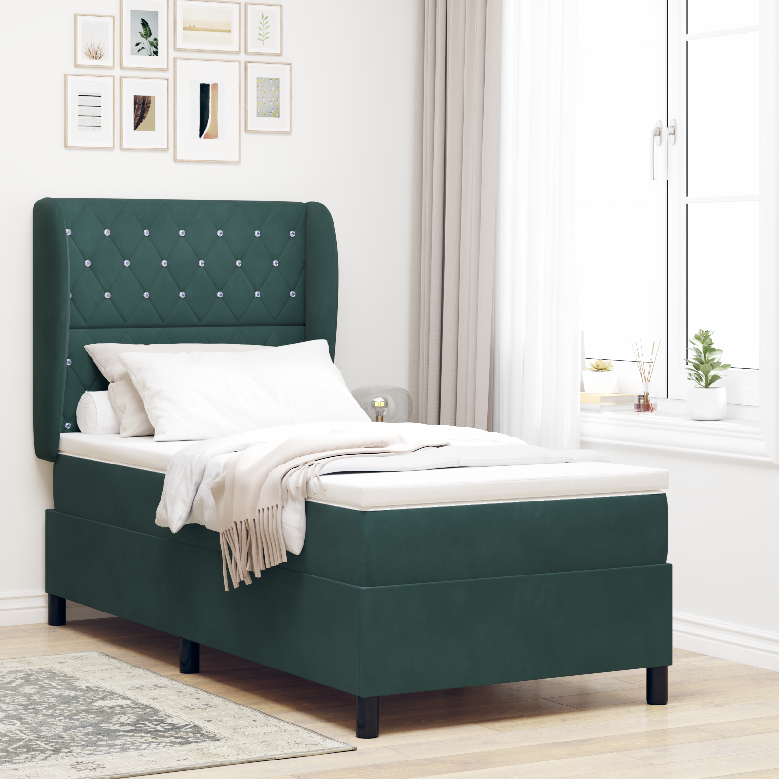 vidaXL Pat cu arcuri cu saltea Verde închis 90 x 200 cm Catifea vidaXL Pat cu arcuri cu saltea Verde închis 90 x 200 cm Catifea